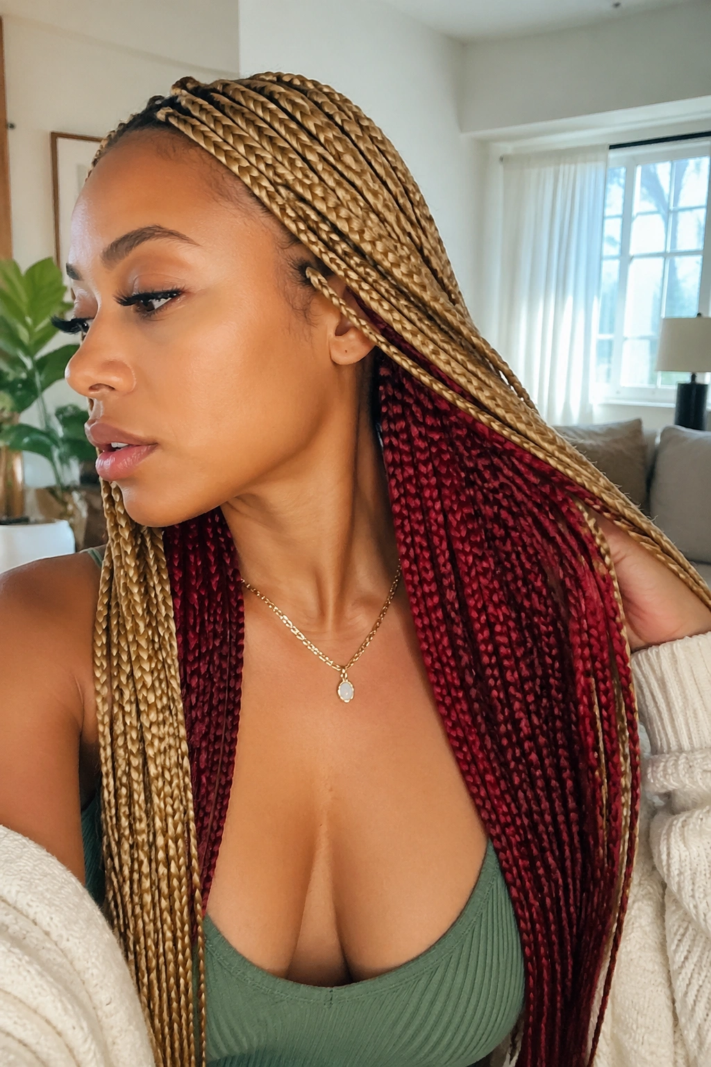 Real woman with knotless box braids and red peekaboo layers