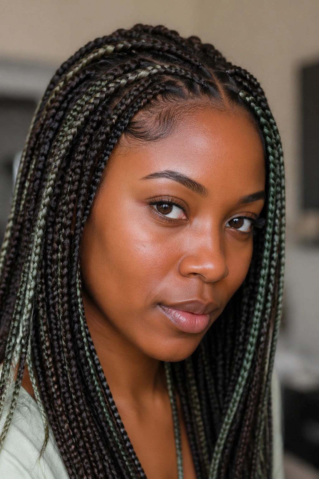 Close-up of a real person with deep brown knotless braids and sage green highlights