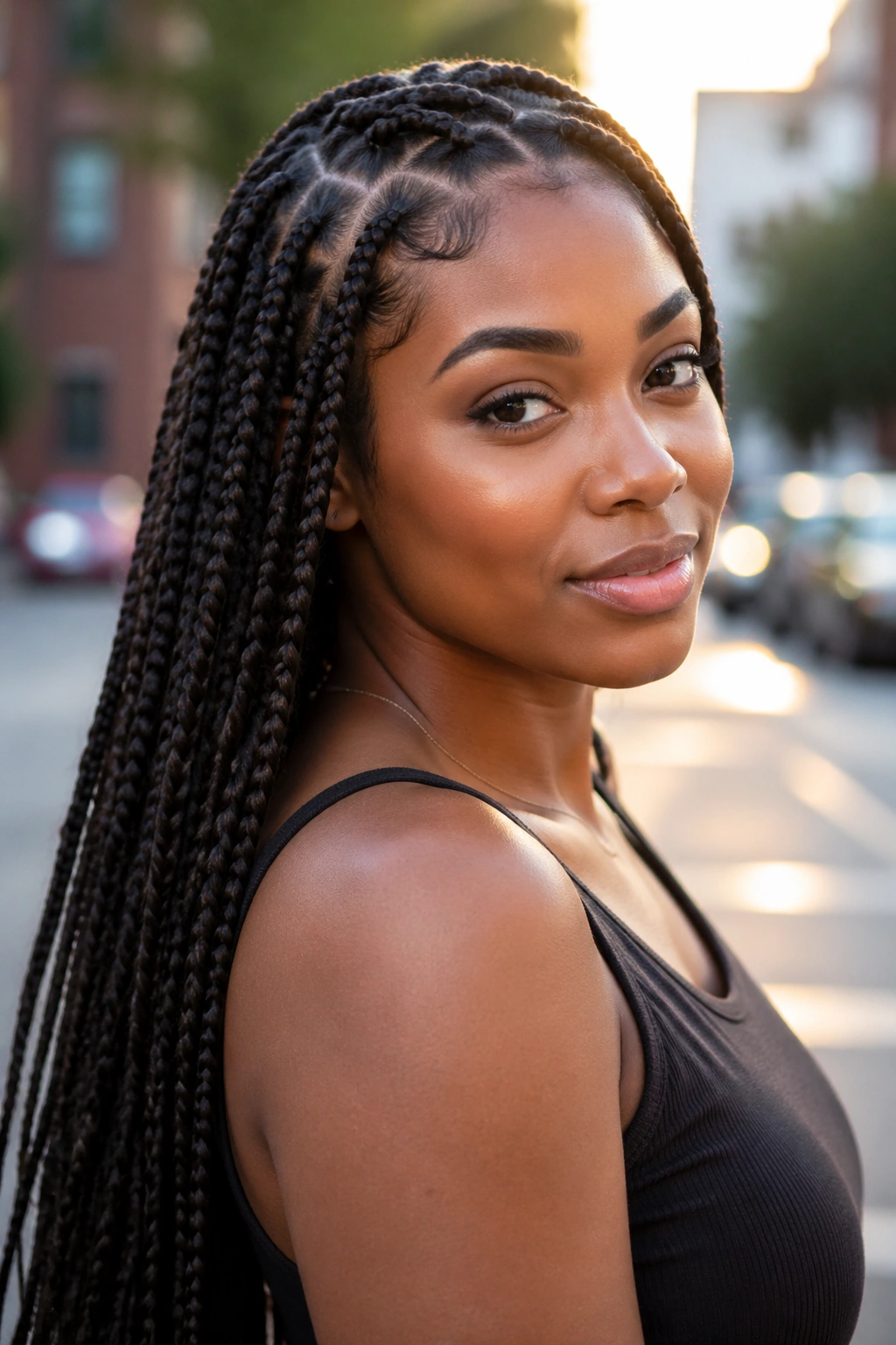 Close-up portrait of knotless braids on a real woman with natural lighting