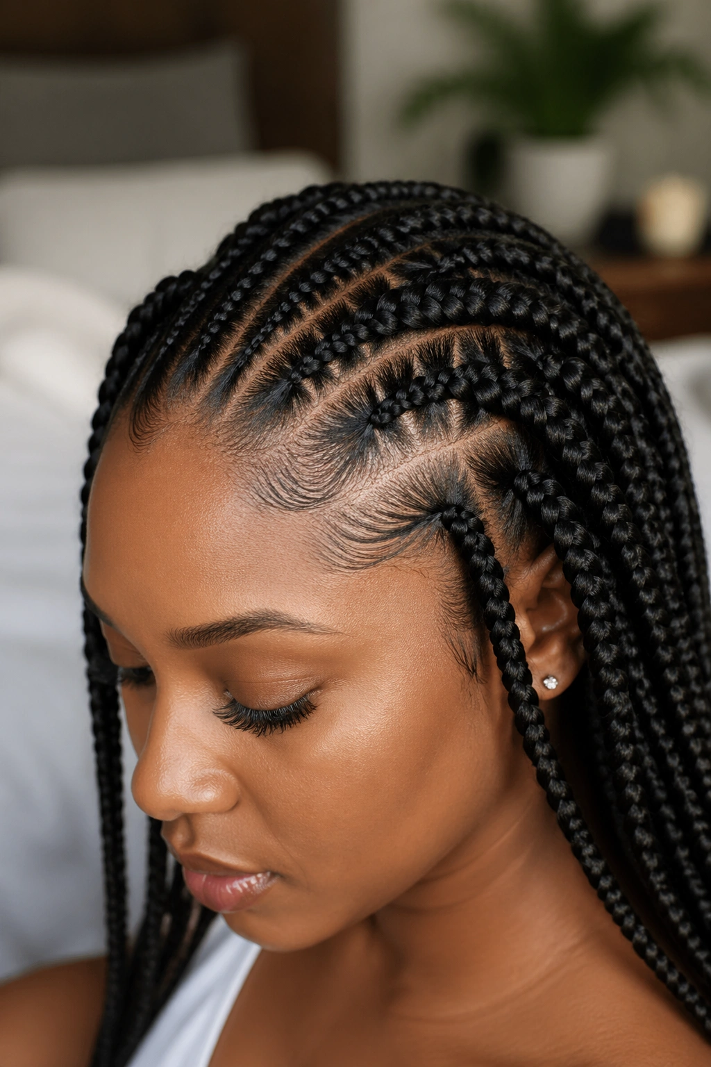 Close-up of a real woman with knotless braids and no root knot
