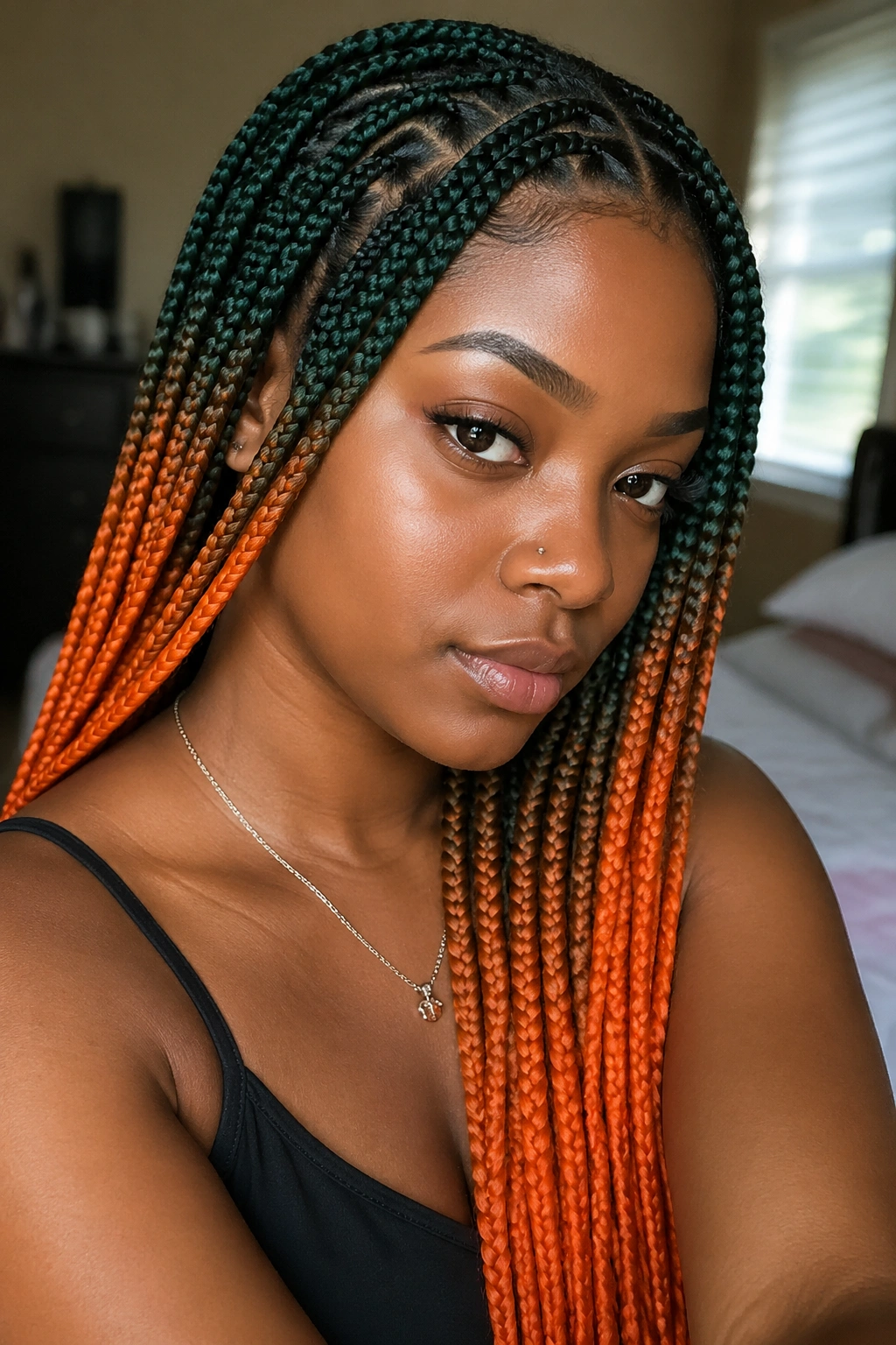 Close-up portrait of knotless green and orange box braids starting at the scalp on a real person