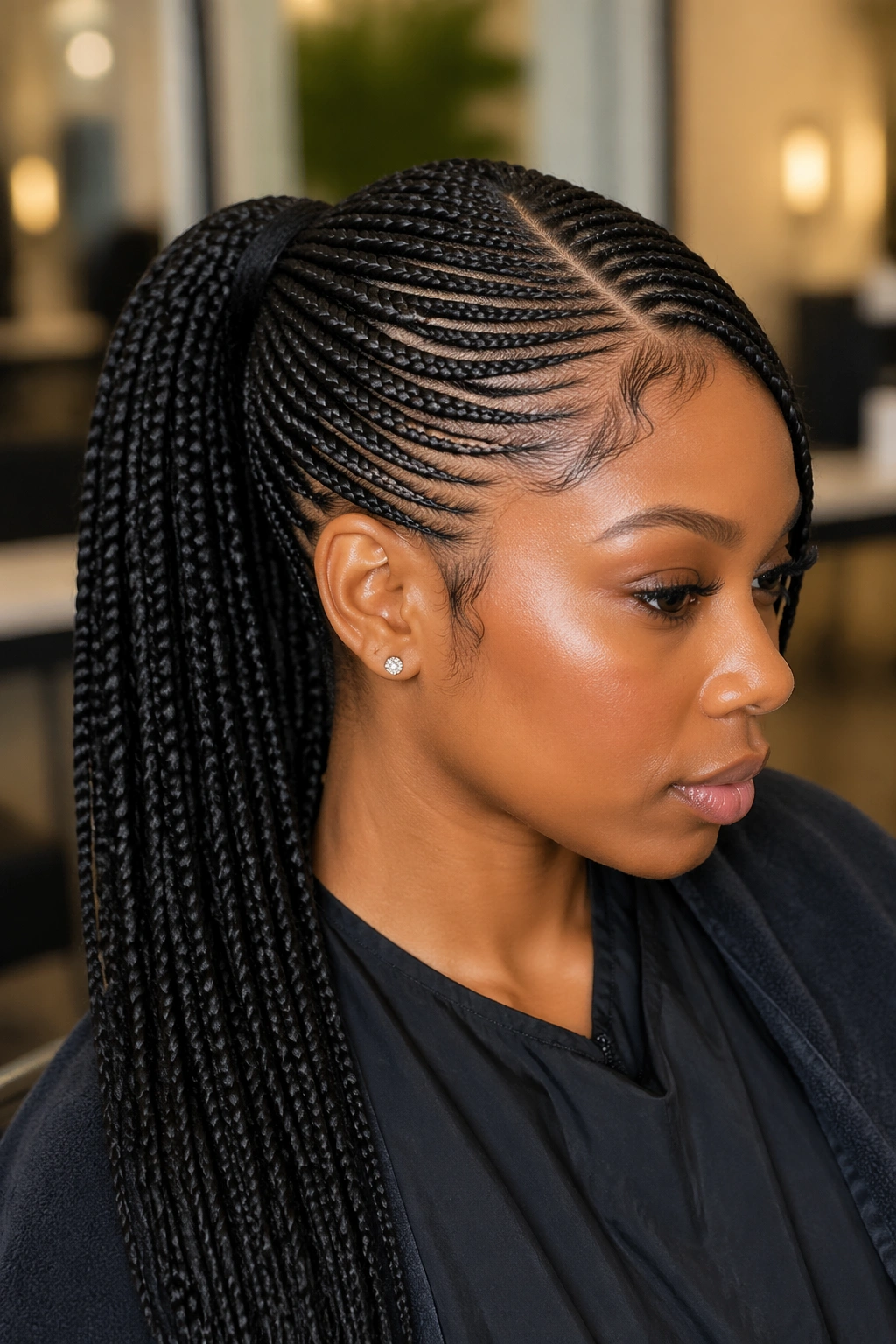 Portrait of a real person with knotless braids forming a side-part ponytail