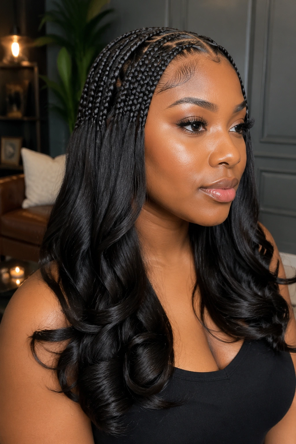 Portrait of a real woman with knotless braids and pressed curled ends