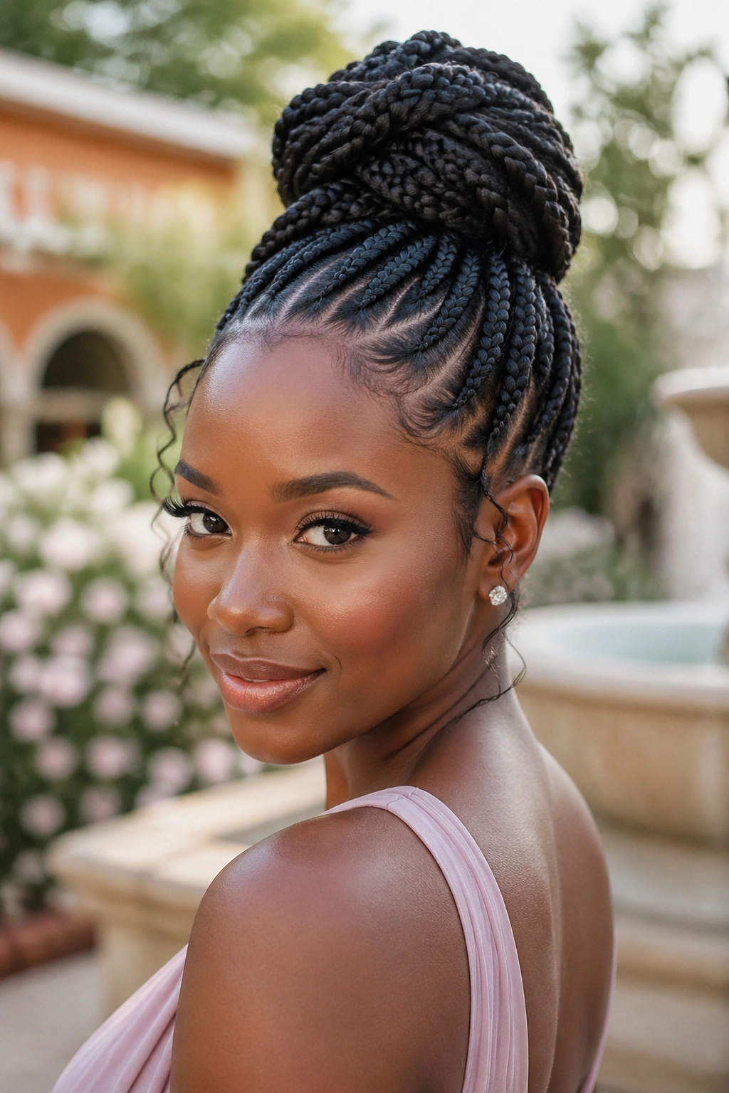 Close-up of a woman with knotless braid updo in a high bun