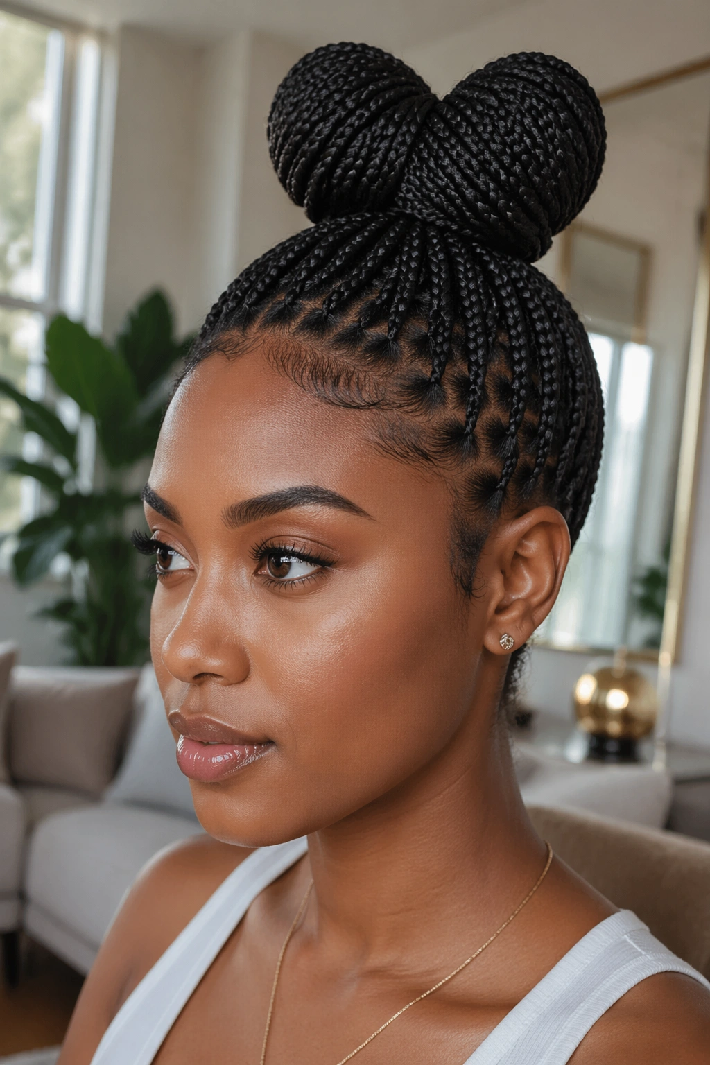Close-up portrait of a real Black woman with knotless braids into a two-loop high bun