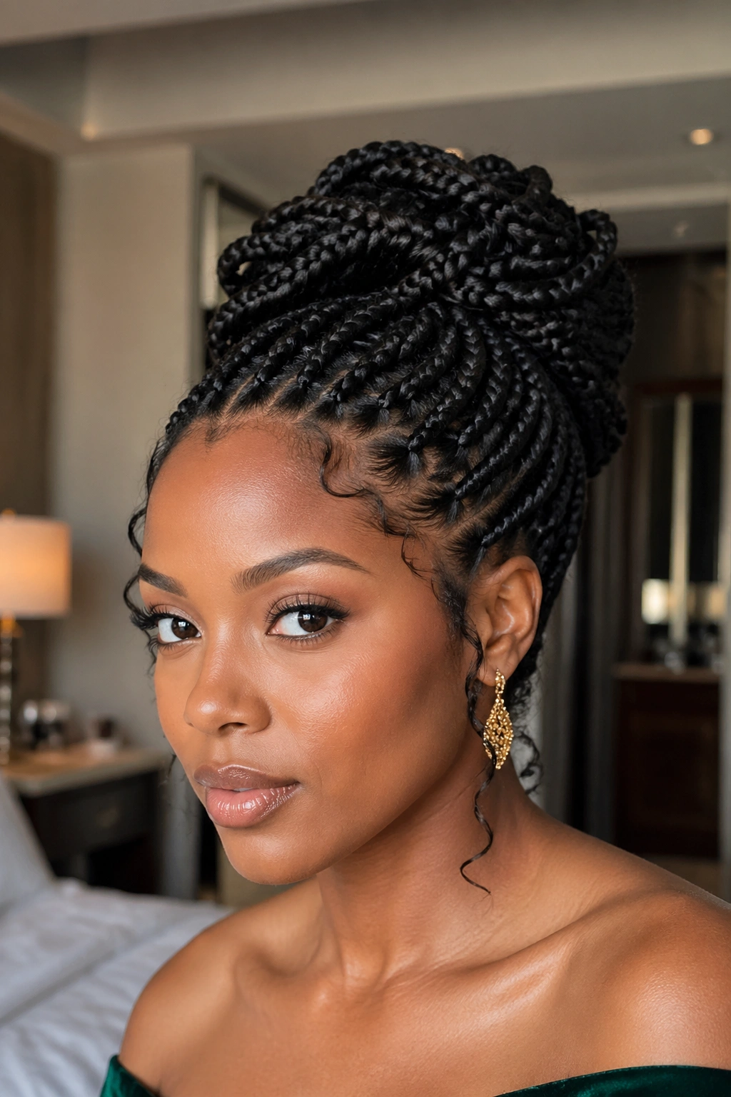 Knotless braids pinned into an updo portrait