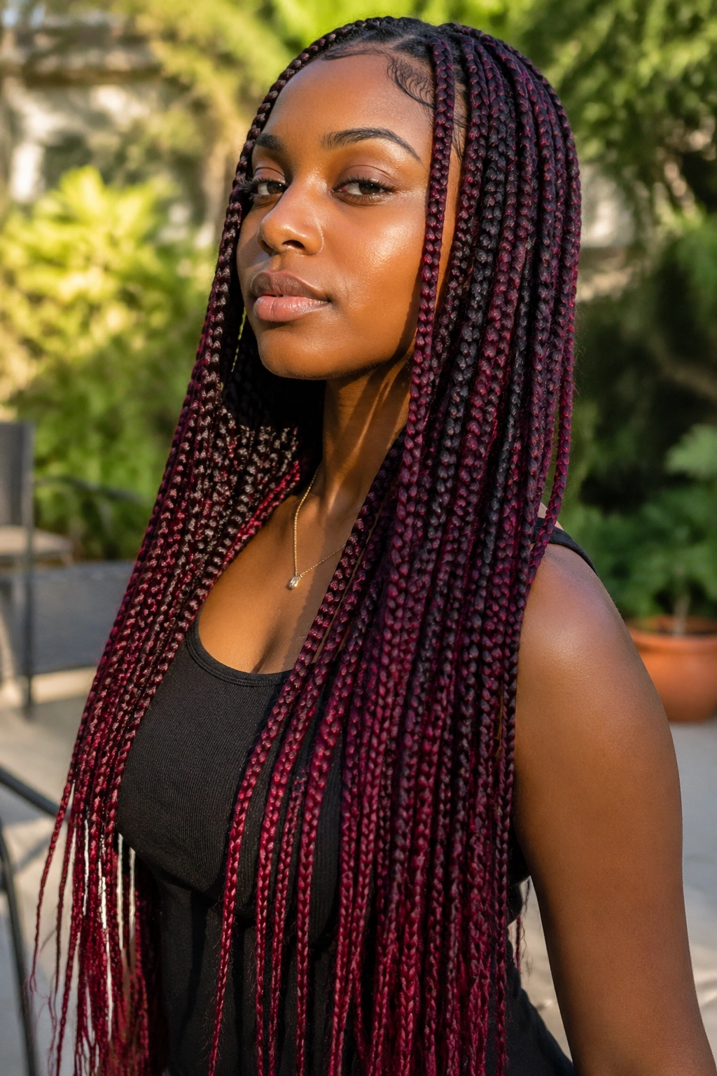 Close-up of a real person with waist-length knotless braids in smoky purple and cherry red