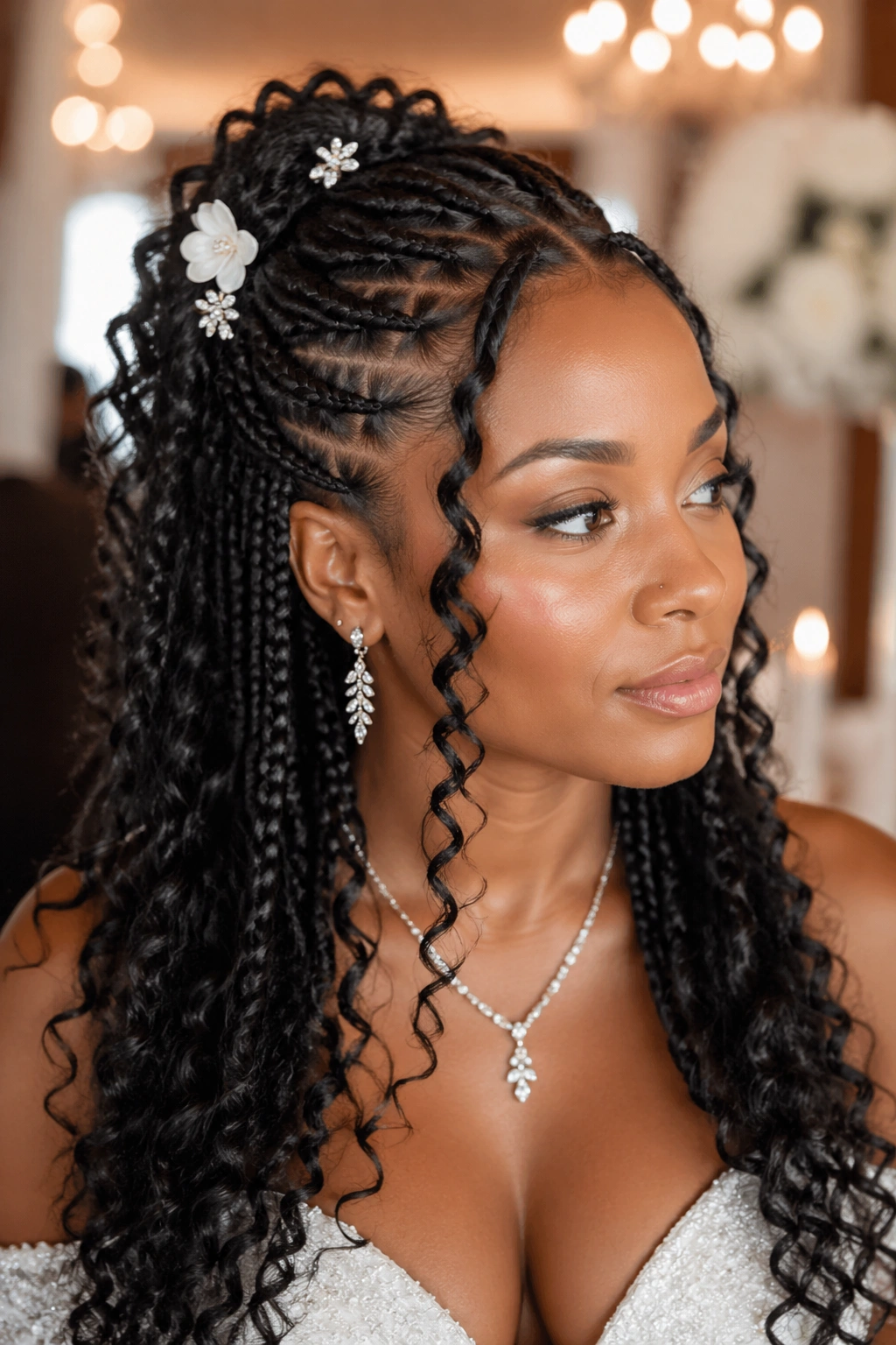 Real woman with knotless braids in a wedding-ready updo with pins and flowers.