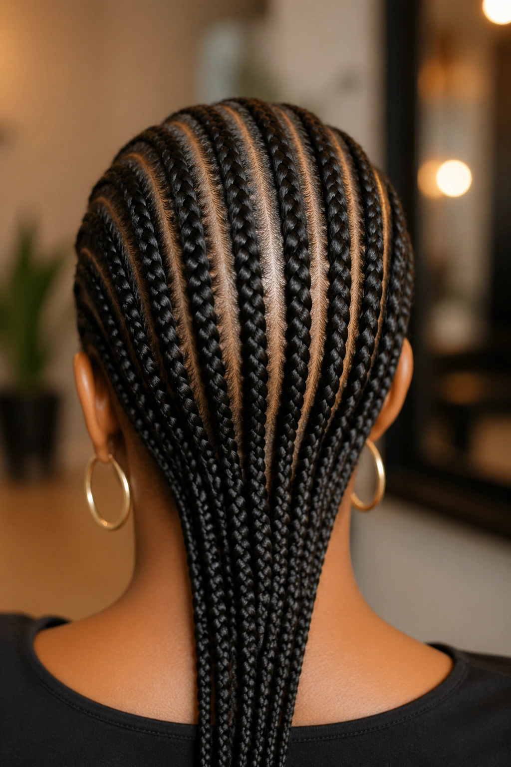 Back view of knotless cornrows straight back on a real person