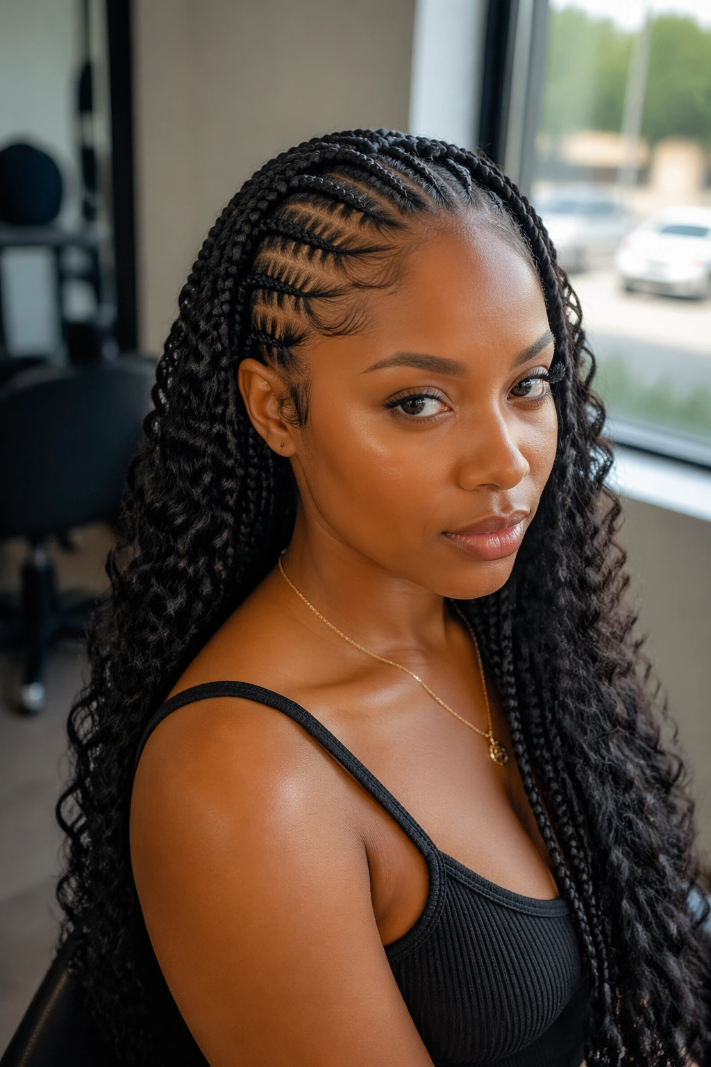 Close-up of knotless front cornrows on a real woman.