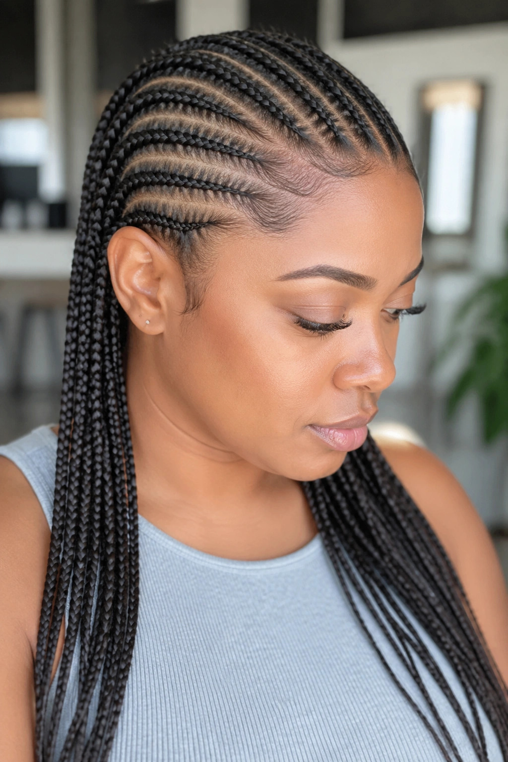 Real person with knotless-front cornrows and back-section small cornrows.