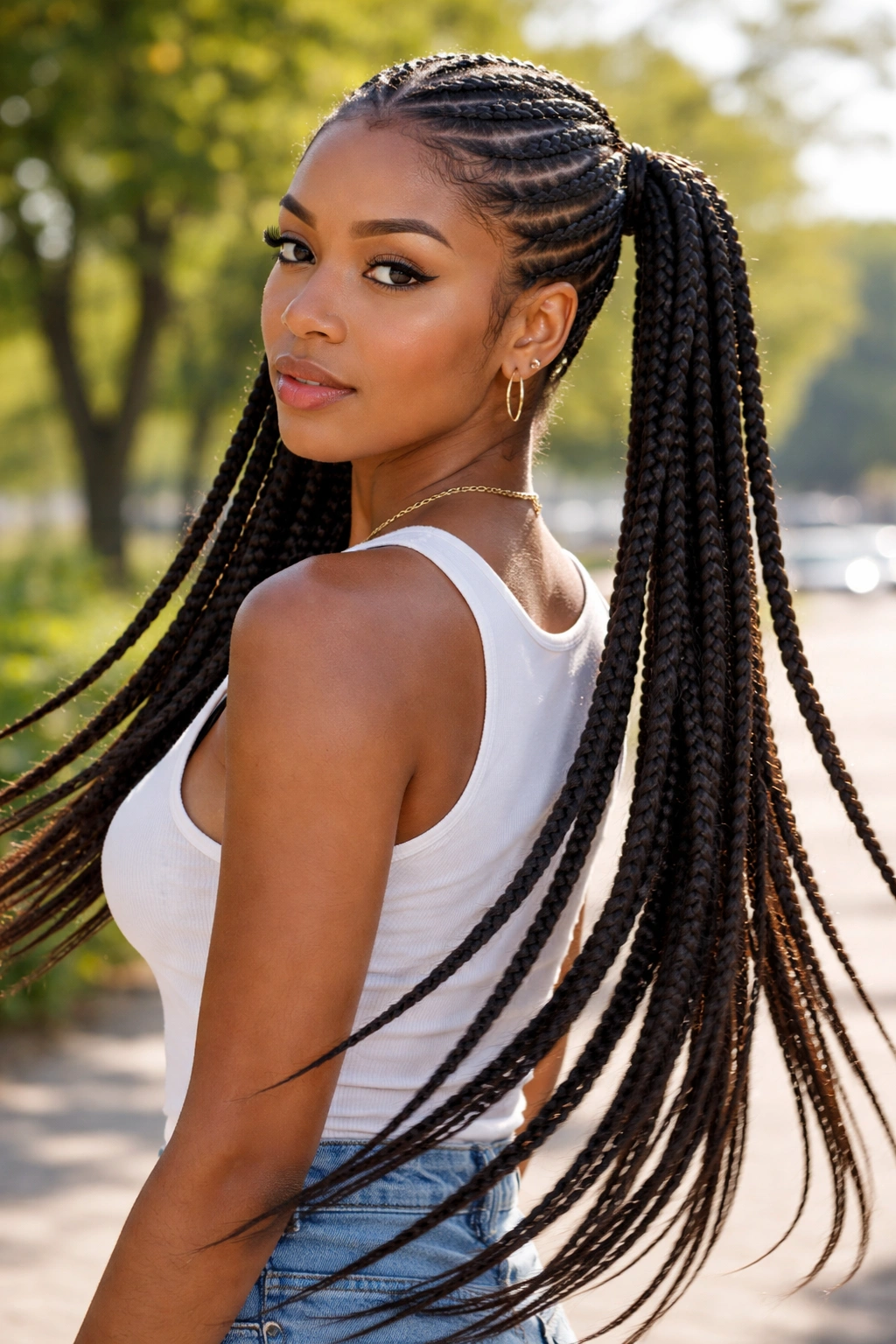 Close-up of a real person with long knotless cornrow pigtails in motion outdoors