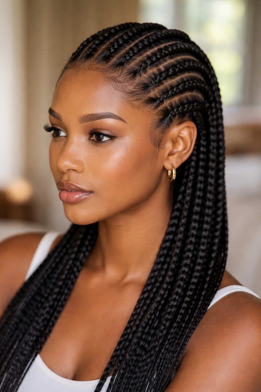 Close-up portrait of a real woman with knotless straight-back cornrows filling the frame.