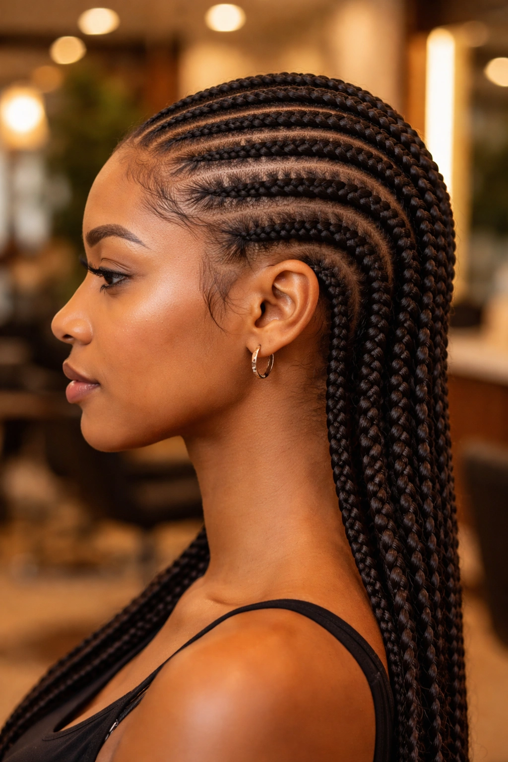 Side-profile close-up of a real woman with knotless cornrows and a tension-free hairline.