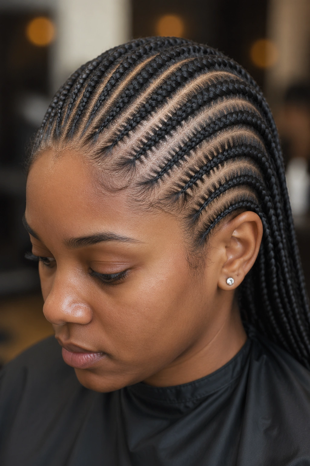 Close-up portrait of knotless cornrows on a real person in a salon