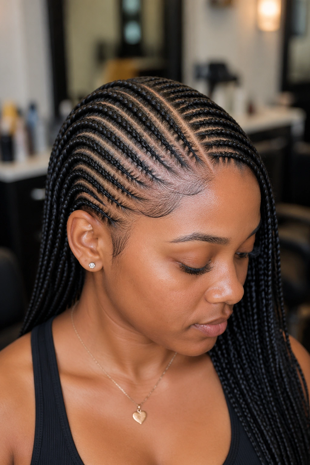 Close-up of a real person showing a deep side part with knotless cornrows sweeping diagonally back.