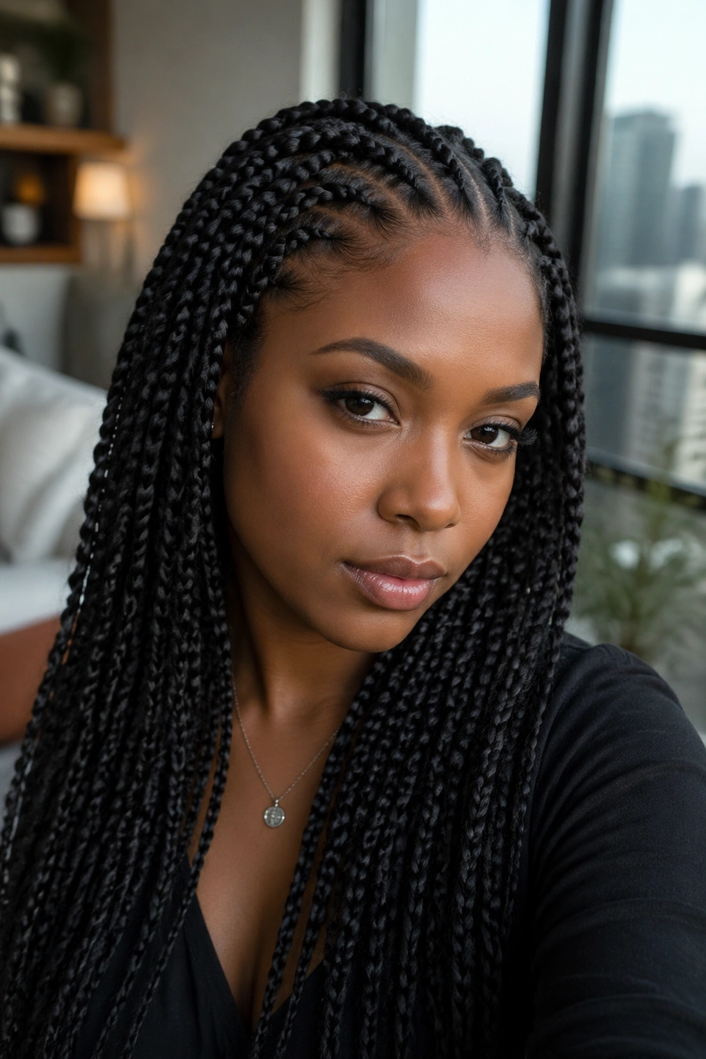 Close-up of knotless-look crochet braids on a real person