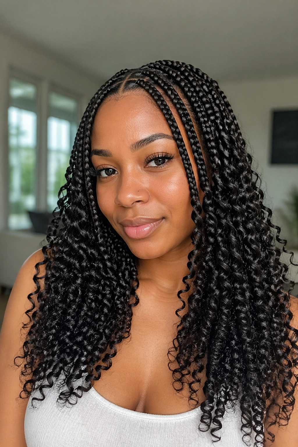 Close-up portrait of a real woman with Knotless Curly Box Braids showing smooth roots