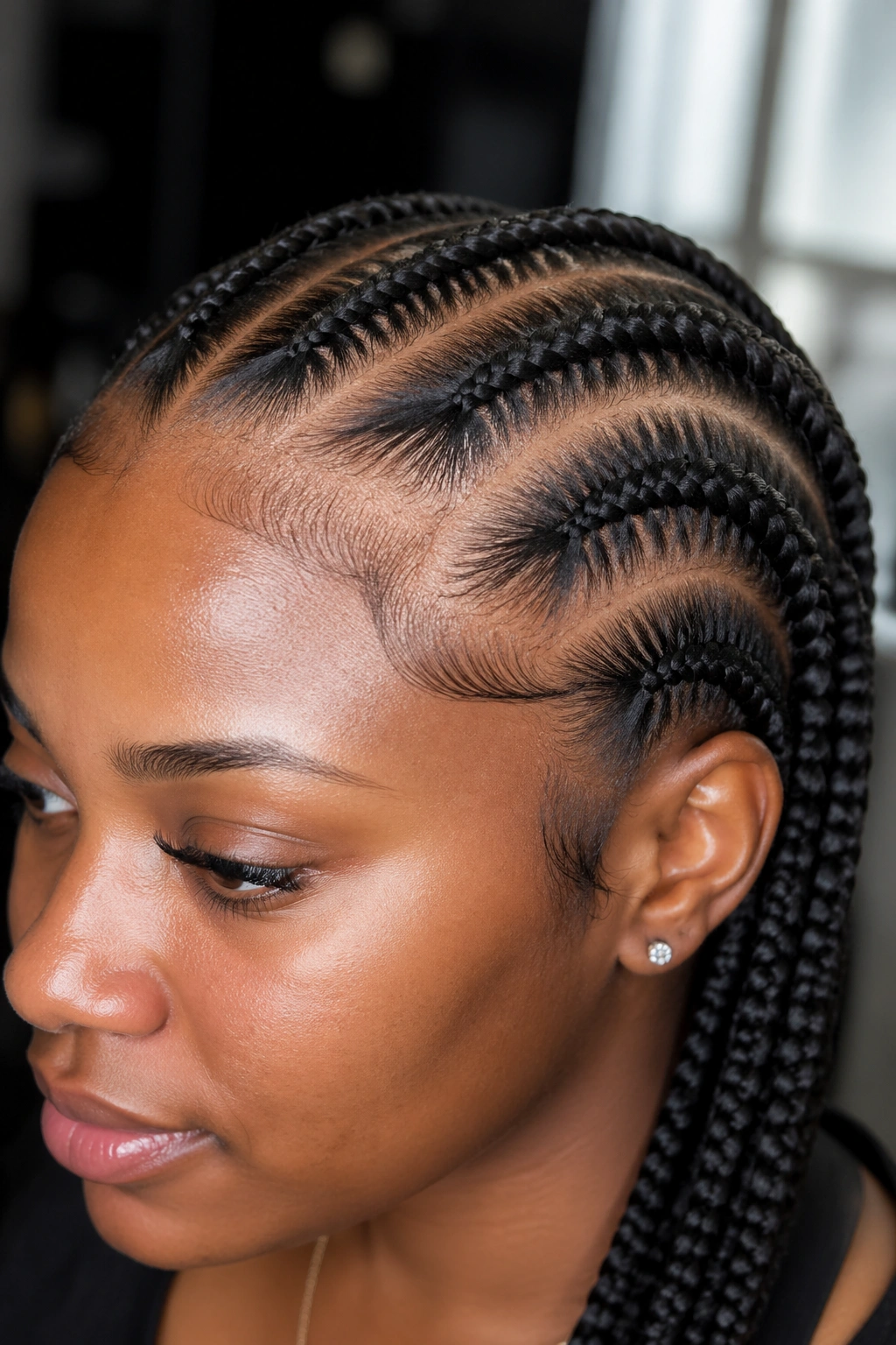 Close-up of knotless edges at the hairline on a real person