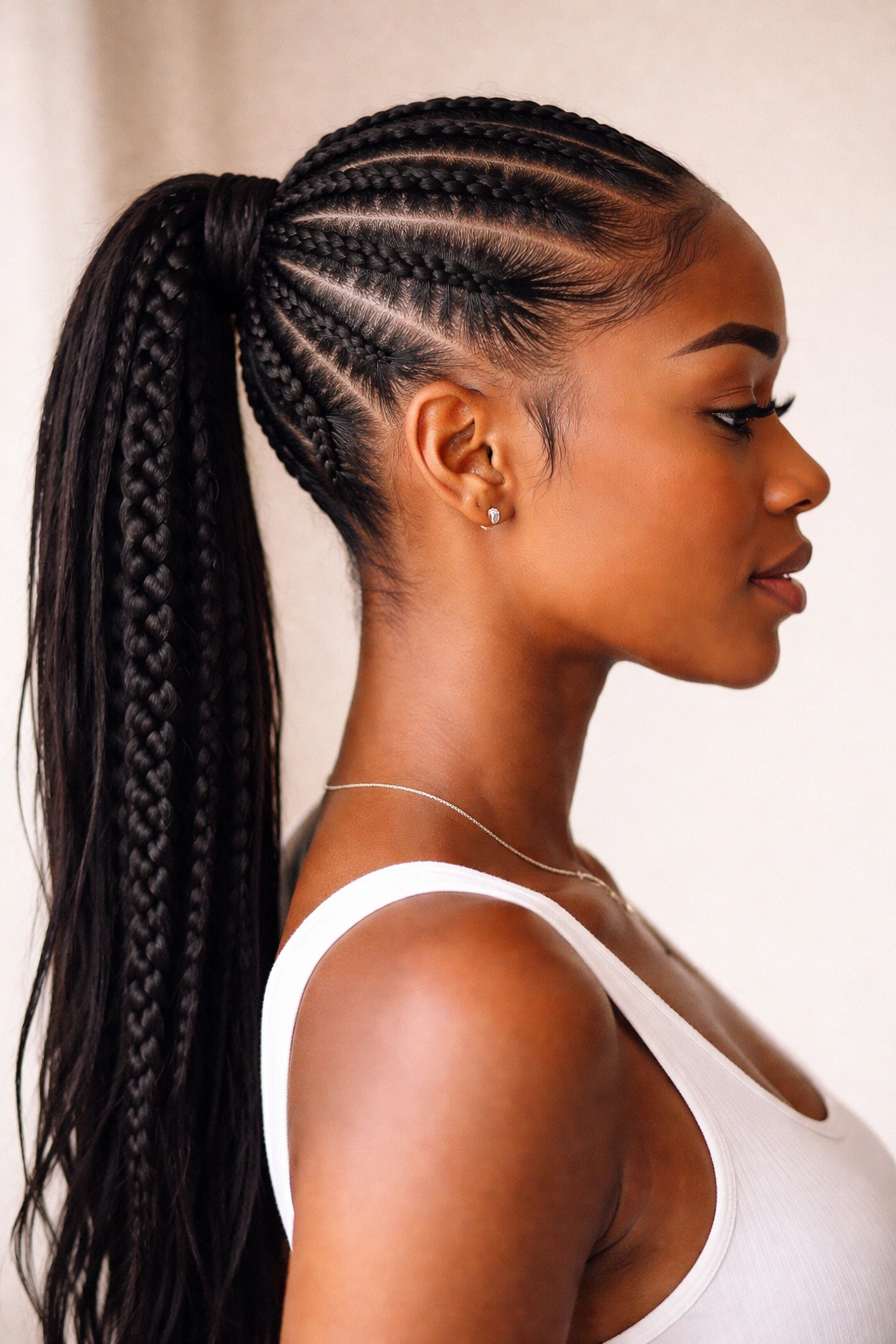 Side profile of knotless feed-in ponytail with soft root and seamless transition