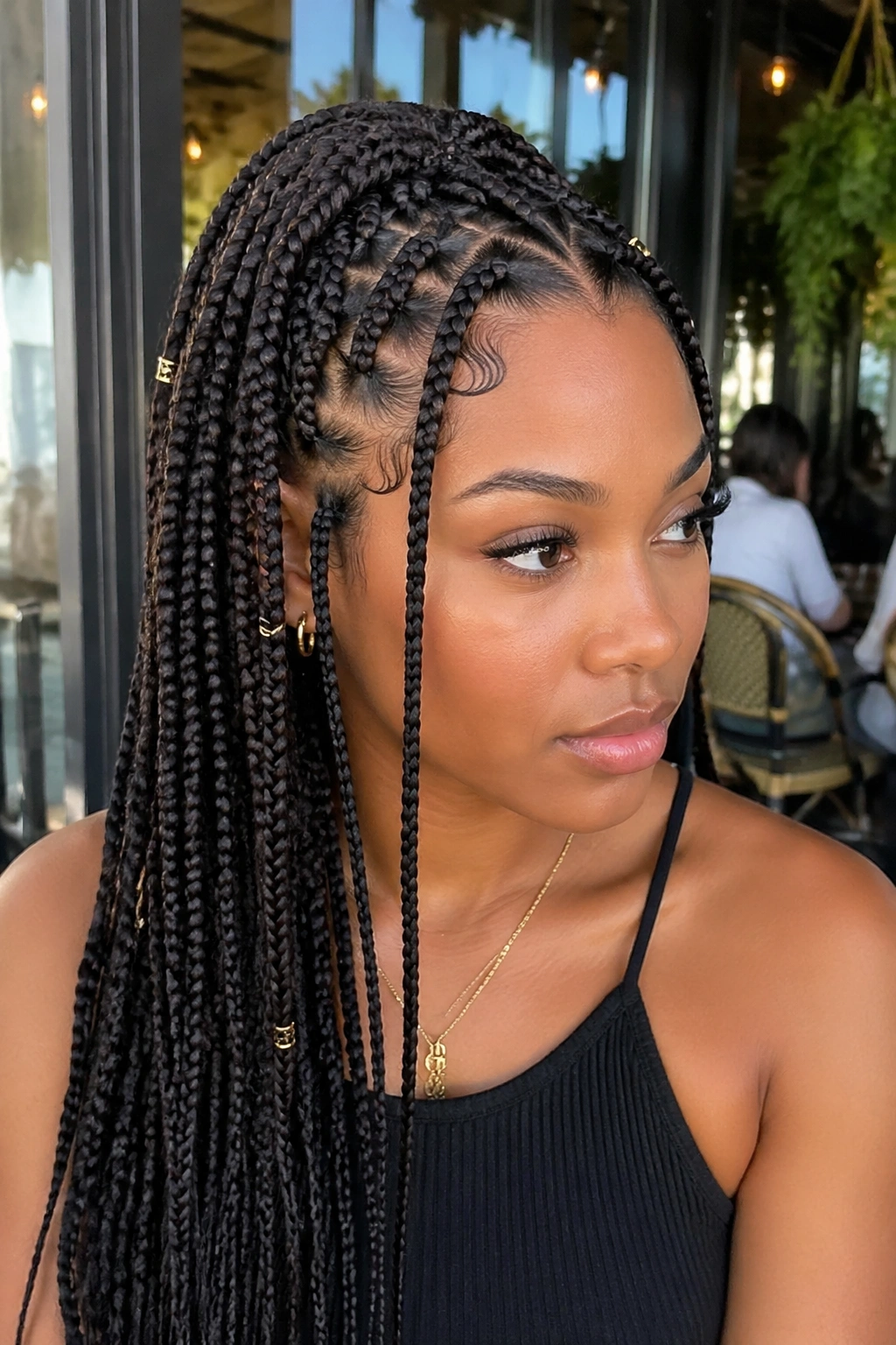 Close-up of a real woman with knotless Fulani box braids for a lighter feel.