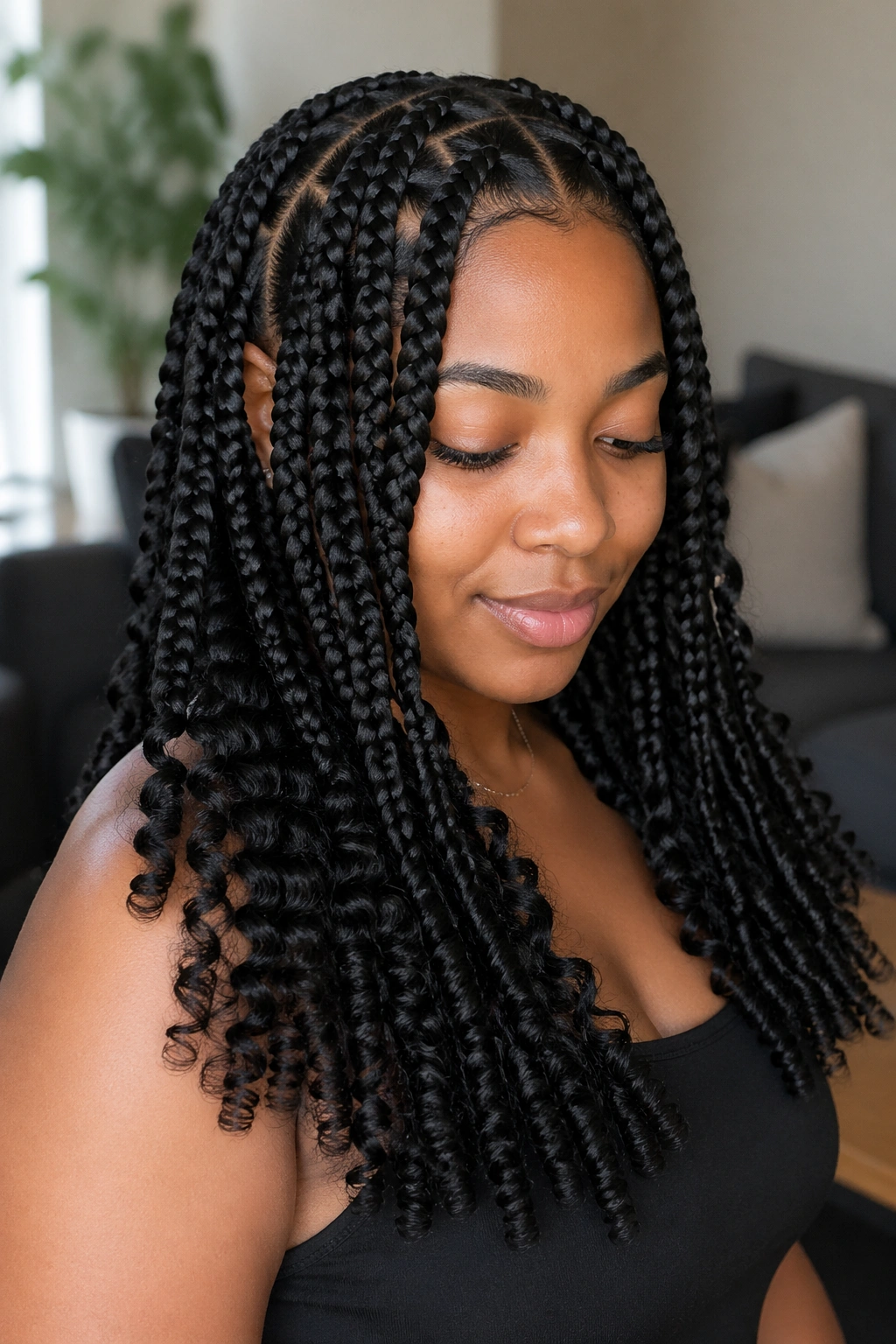 Close-up of a real woman with thick knotless goddess braids and curly ends.