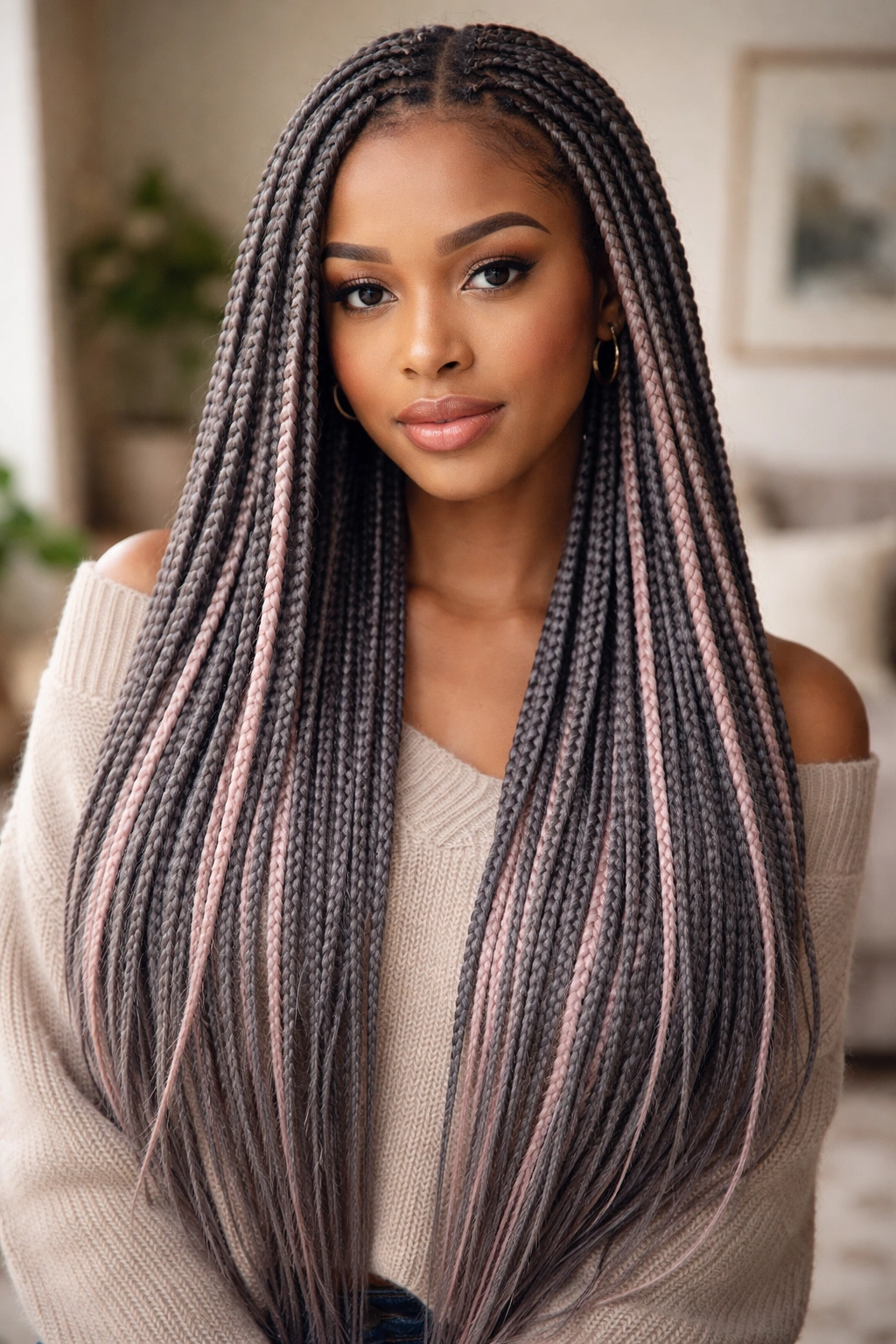 Waist-length knotless grey and pink box braids on a real woman