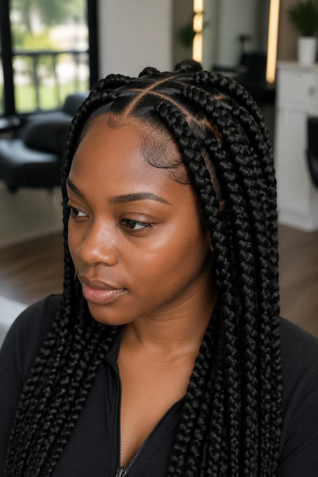 Close-up knotless jumbo box braids showing softer hairline
