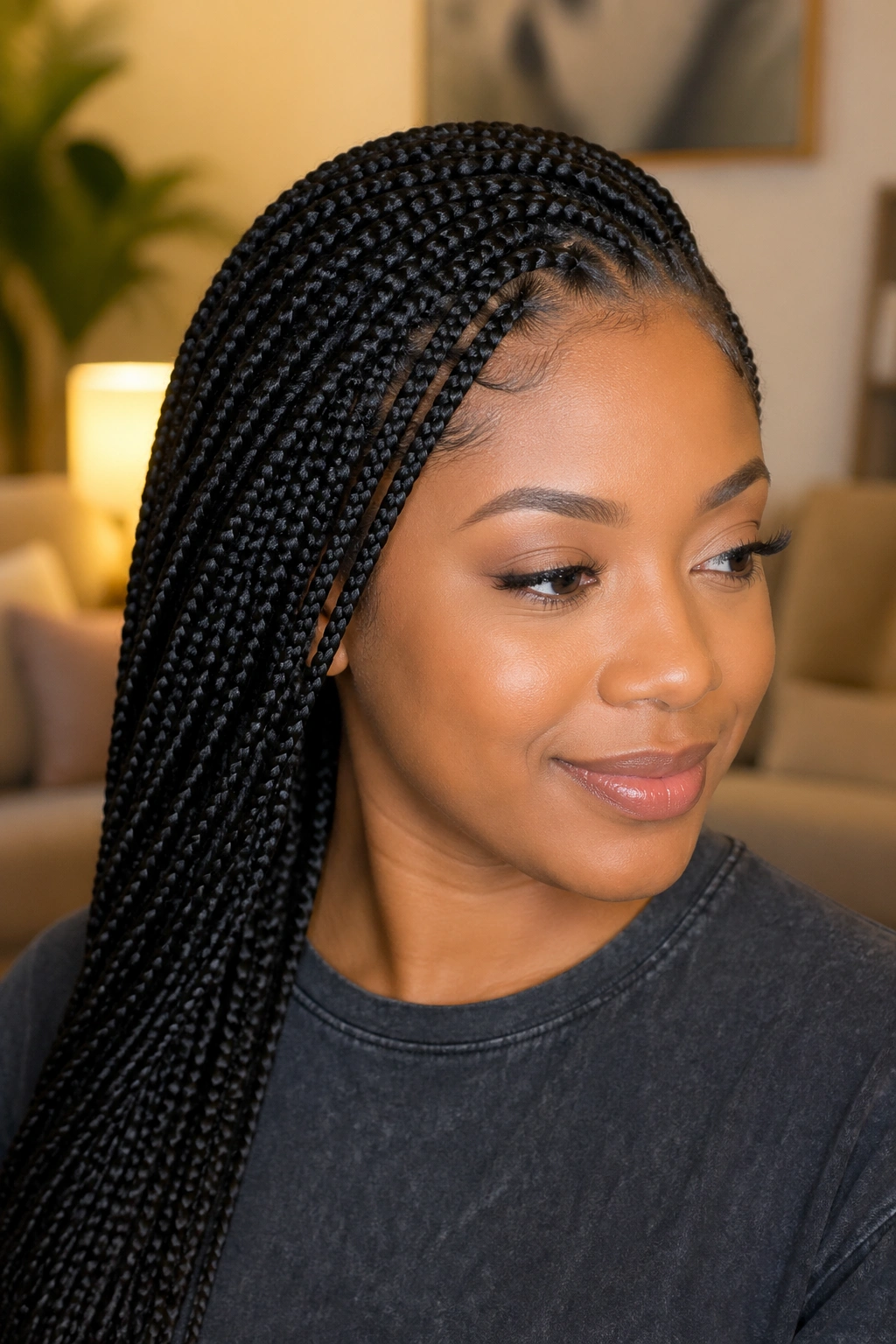 Real woman wearing knotless lemonade box braids with soft roots and fluid movement.