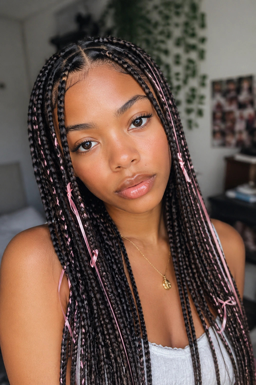Close-up of knotless mini braids with pink ribbons on a real person.