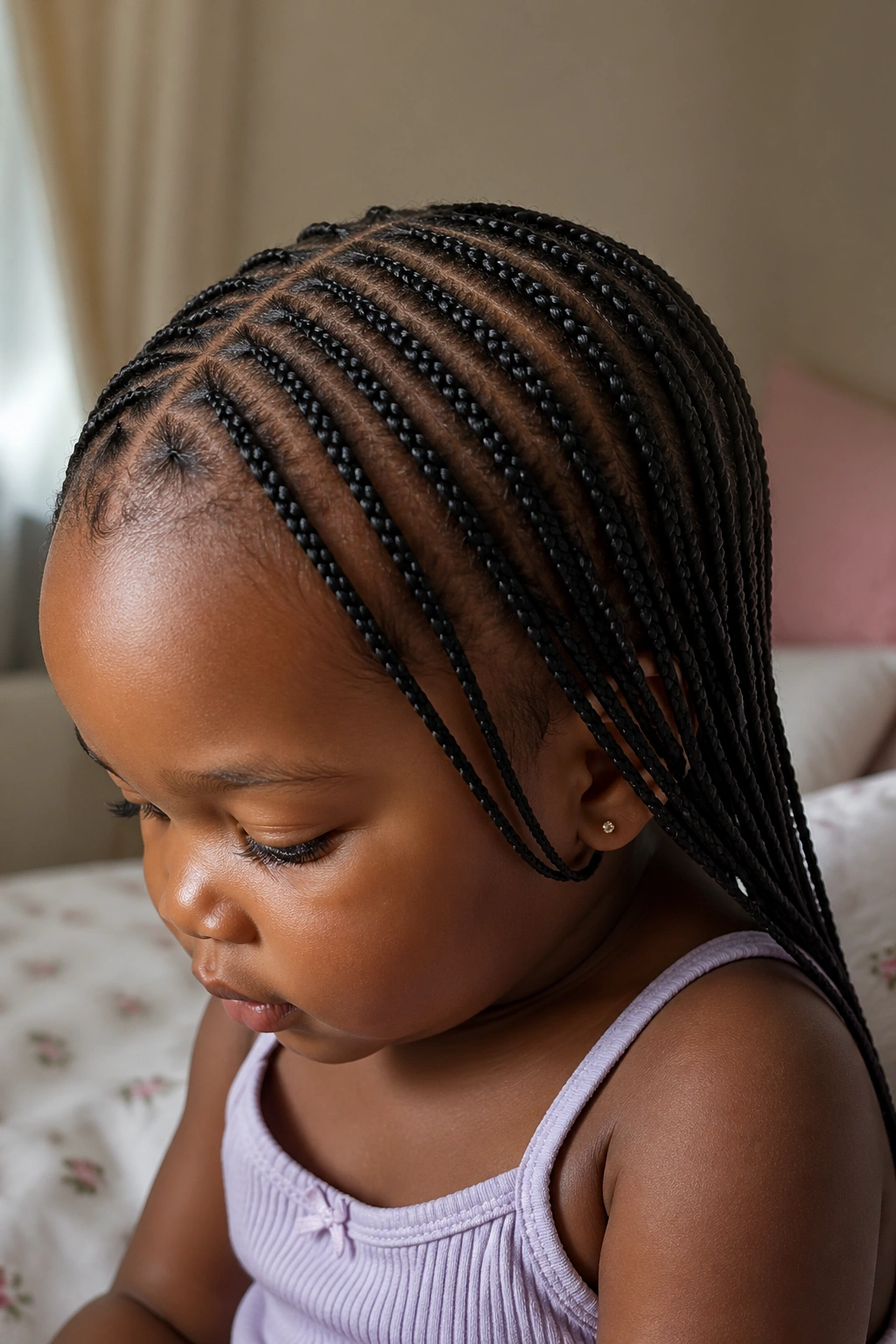 Close-up of toddler with knotless mini braids