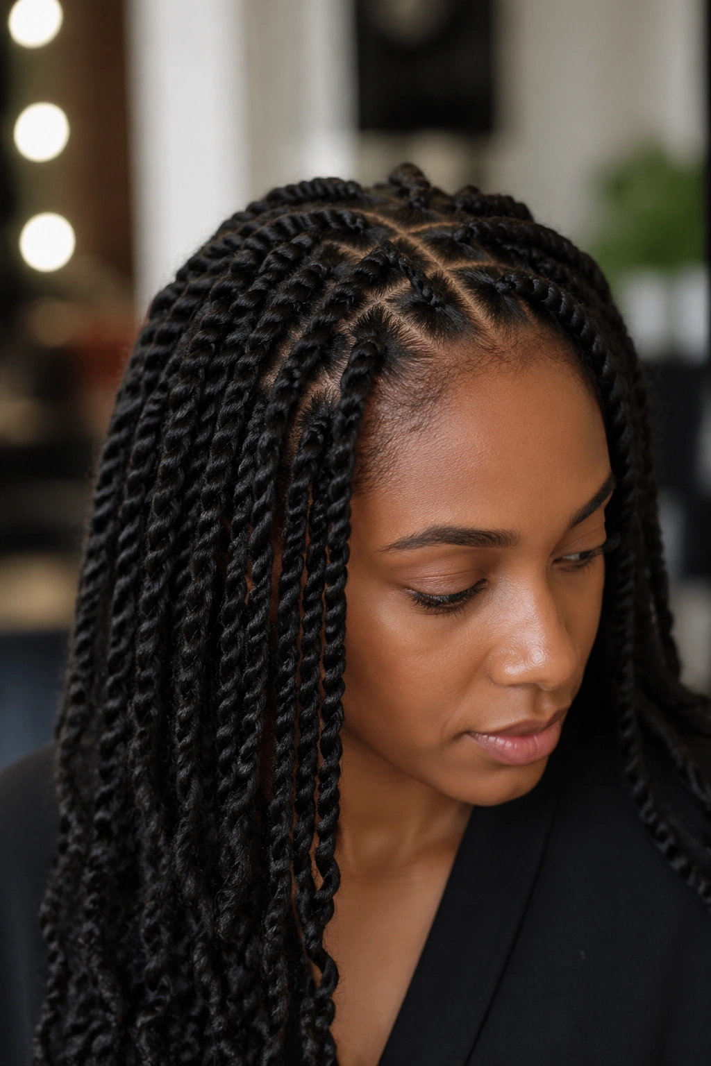 Close-up portrait of a real woman with knotless perm twists showing no root knots