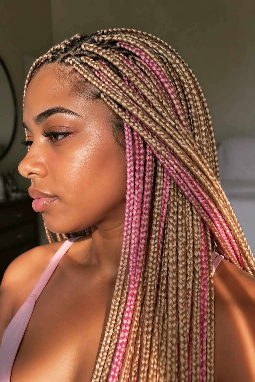 Close-up portrait of a real woman with knotless box braids and pink peekaboo sections