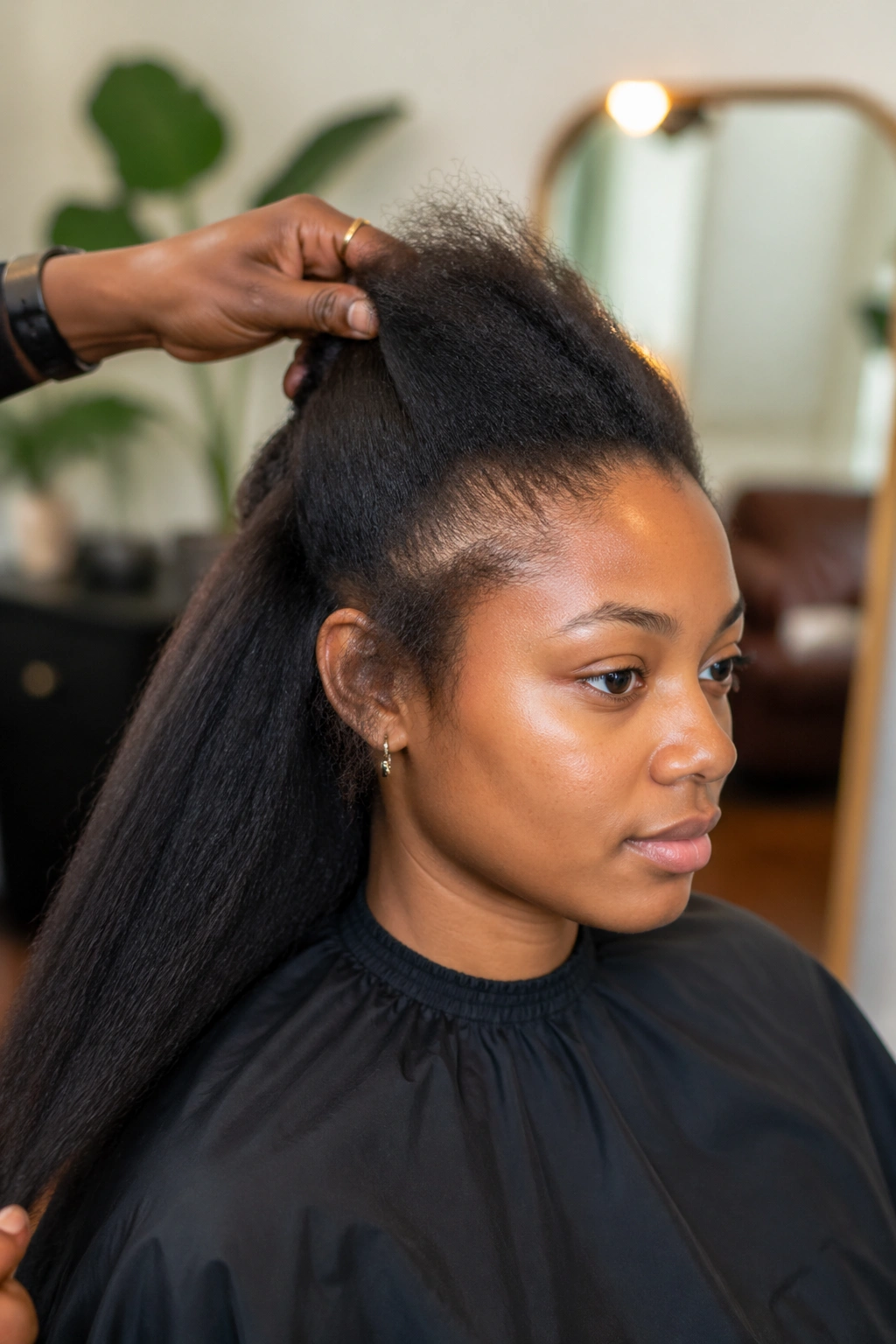 Medium close-up of stretched hair on a real person in a salon for knotless prep