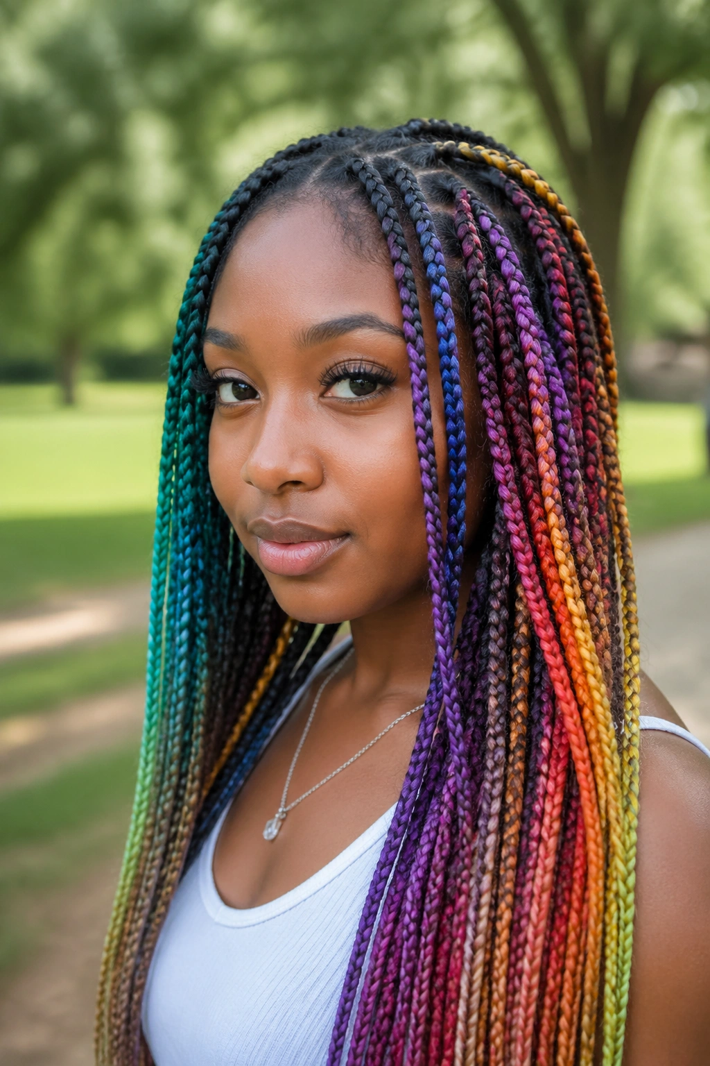 Close-up of a real woman with knotless rainbow box braids and smooth root transition outdoors