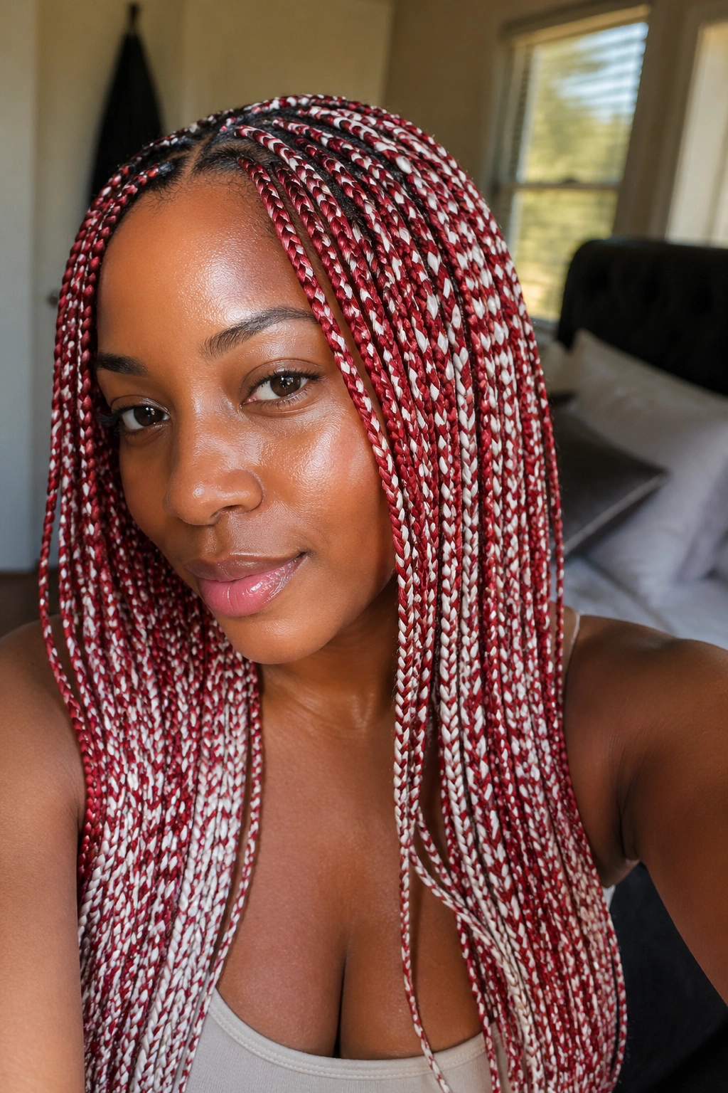 Close-up of a real woman with small knotless red and white box braids in a checkerboard pattern.