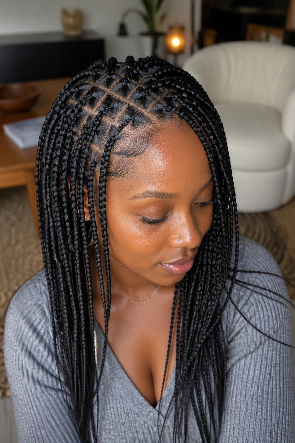 Close-up of knotless triangle-part box braids with natural movement