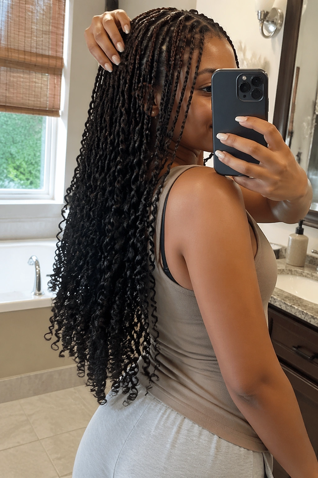 Over-the-shoulder POV of knotless twists with layered curly ends in a bathroom.