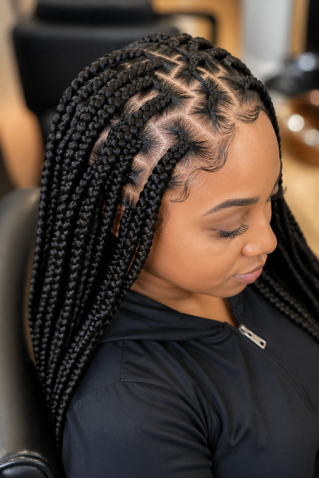 Close-up of knotless zigzag box braids with soft roots on a real person