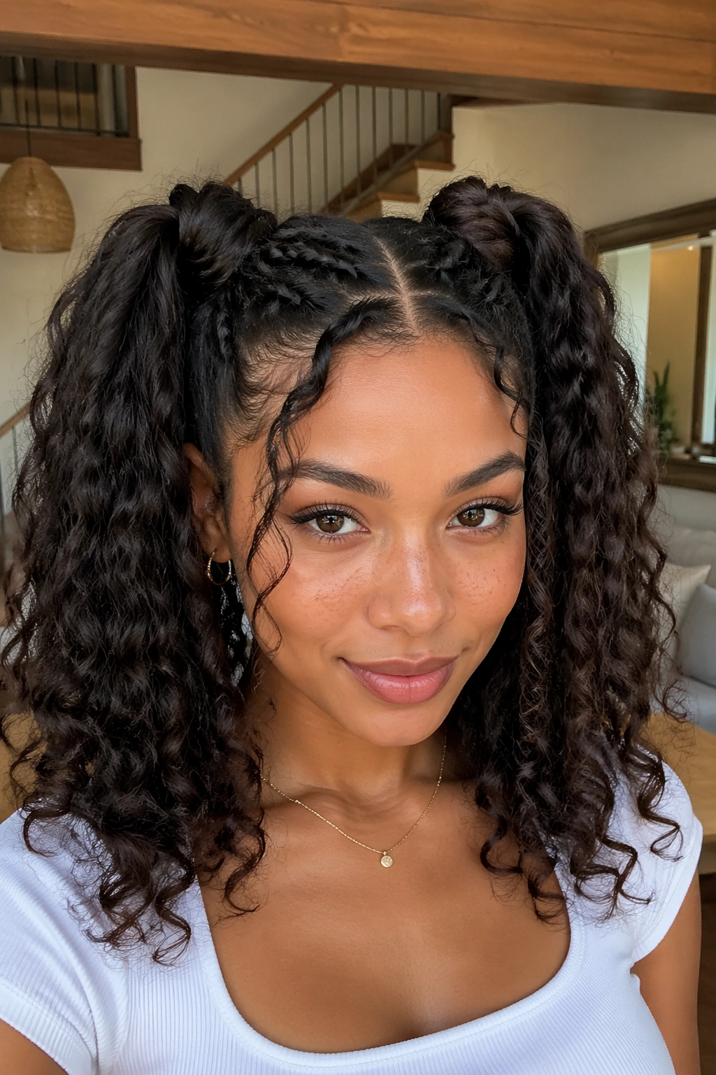 Close-up of a real woman with knotted-base double ponytails