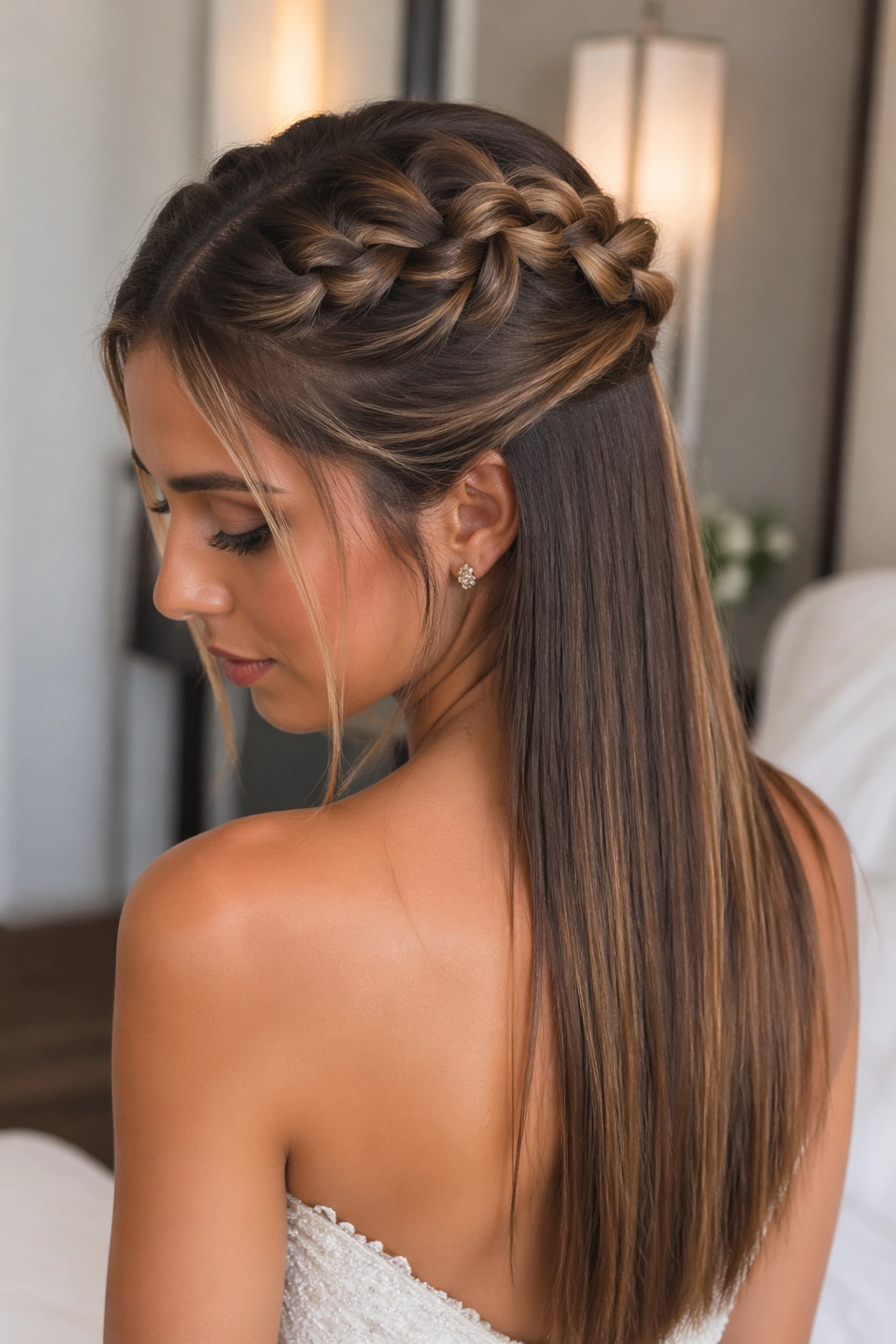 Knotted braid half-up with straight lengths on real bride