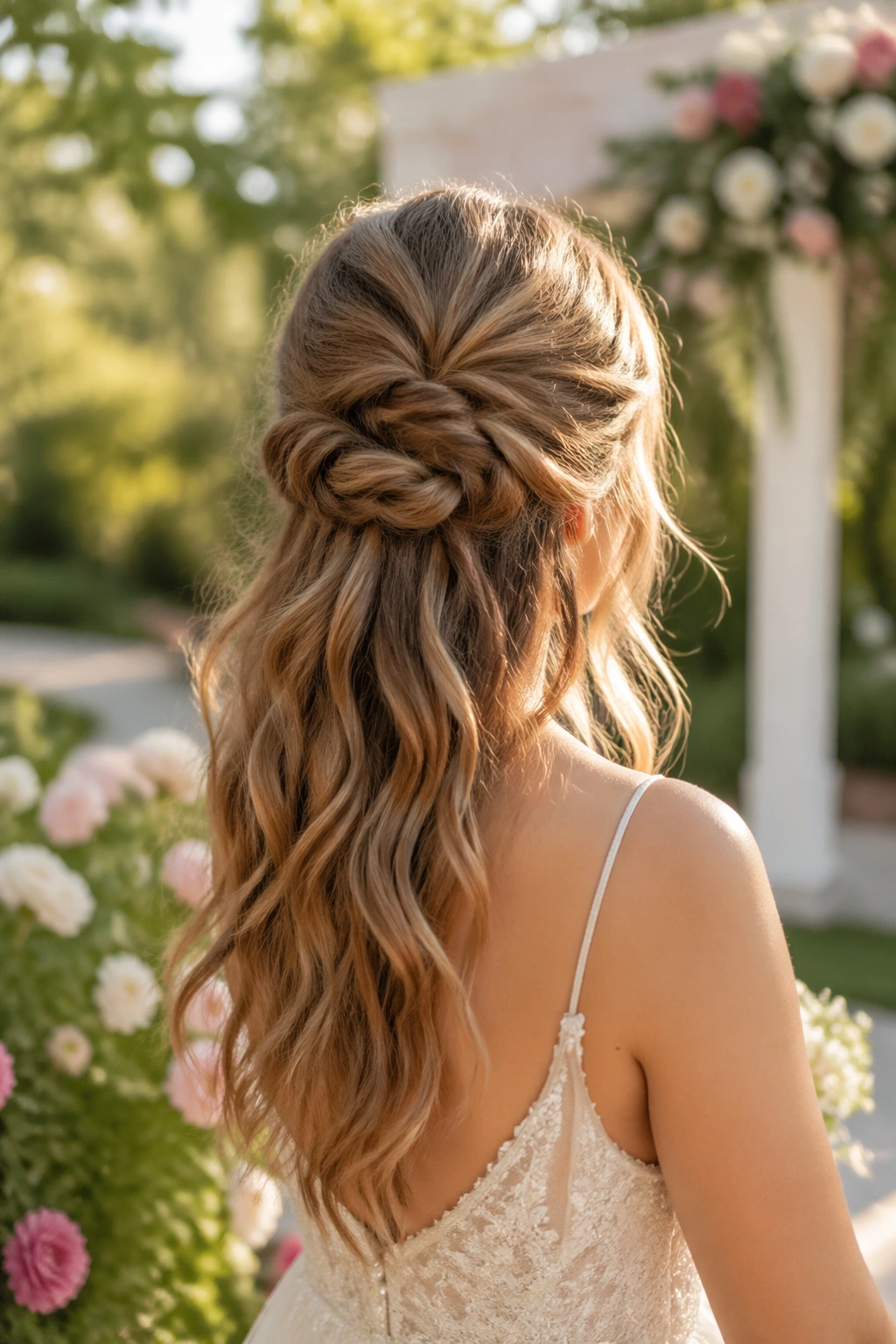 Hero garden shot of knotted half-up braid