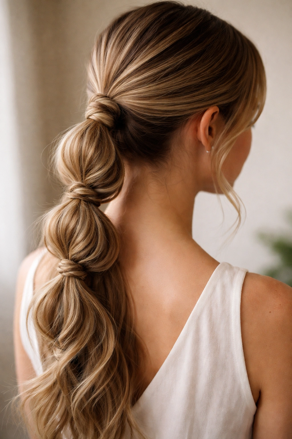 Close-up of a knotted low bubble braid ponytail showing subtle twists between bubbles