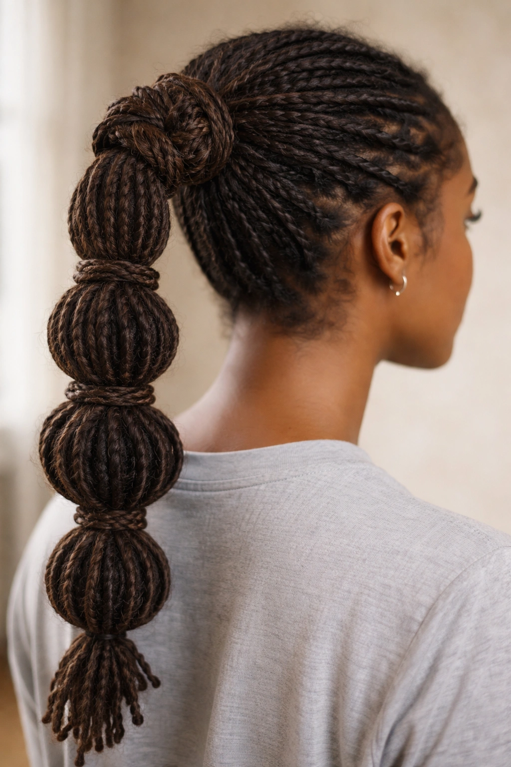 Close-up of knotted base transitioning into bubbles on locs ponytail