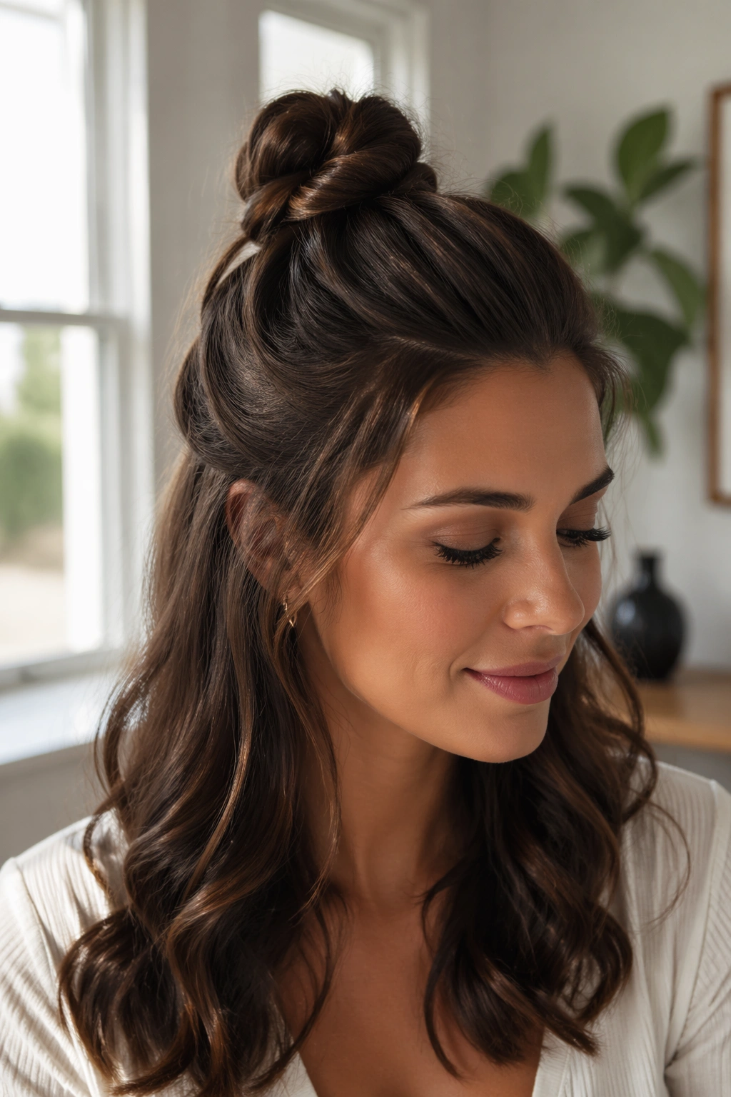 Close-up of a real woman with a knotted finish half-up bun