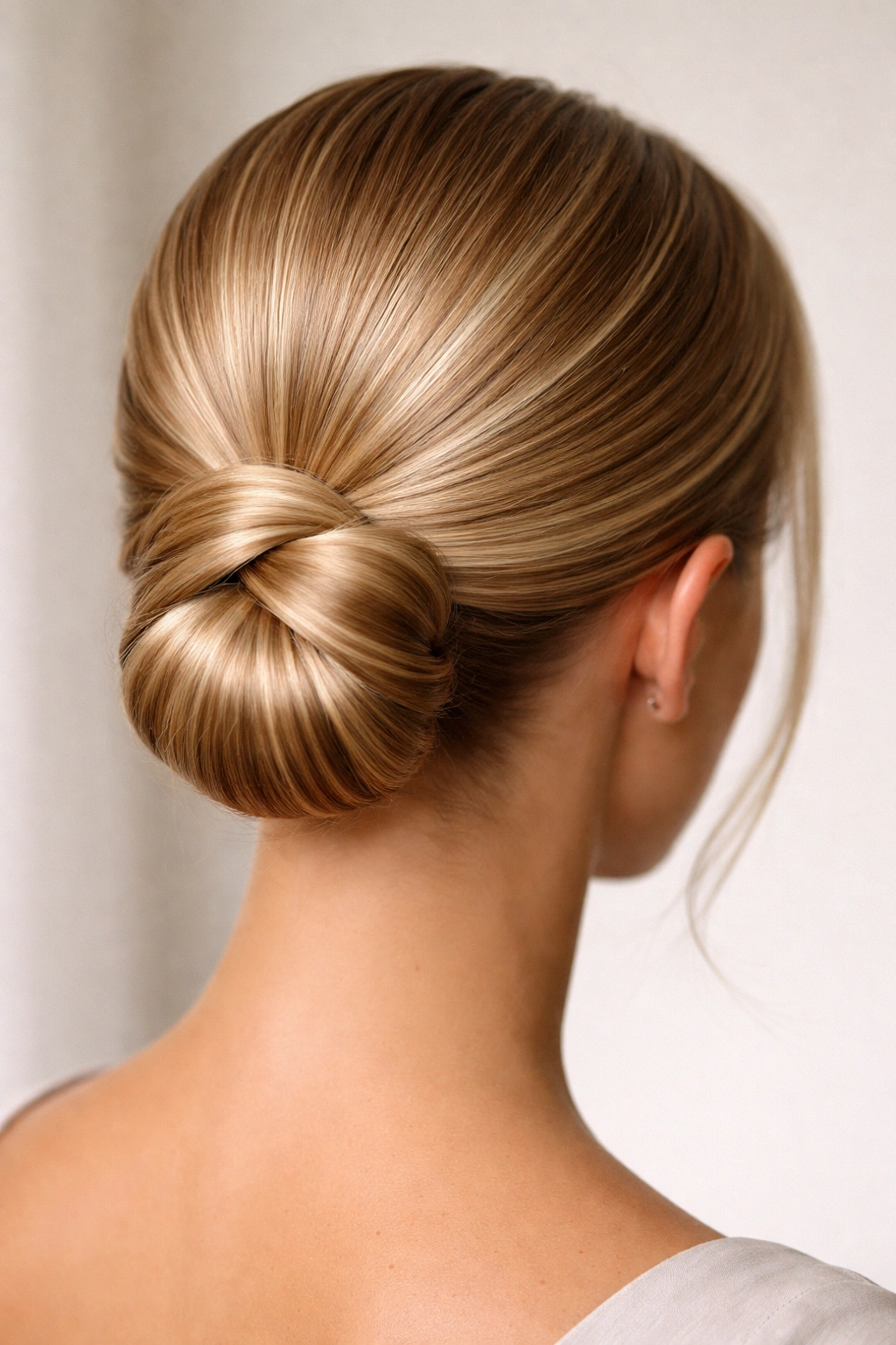 Knotted sleek chignon with a compact, architectural knot at the base