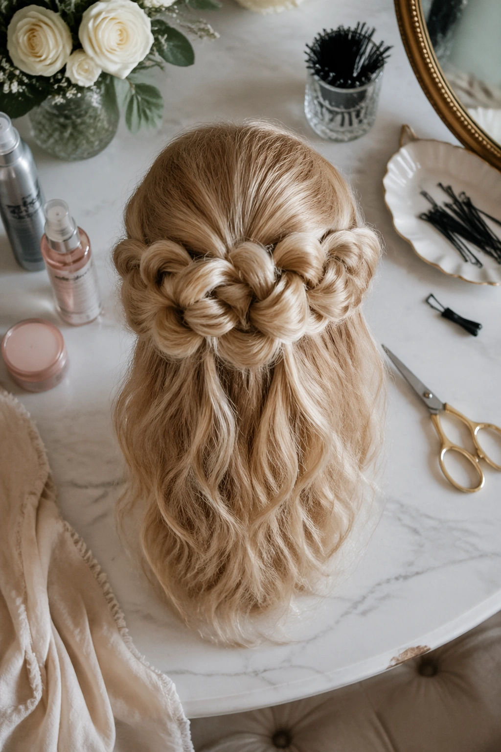 Overhead flat-lay of Knotted Half Crown Bun with styling tools.