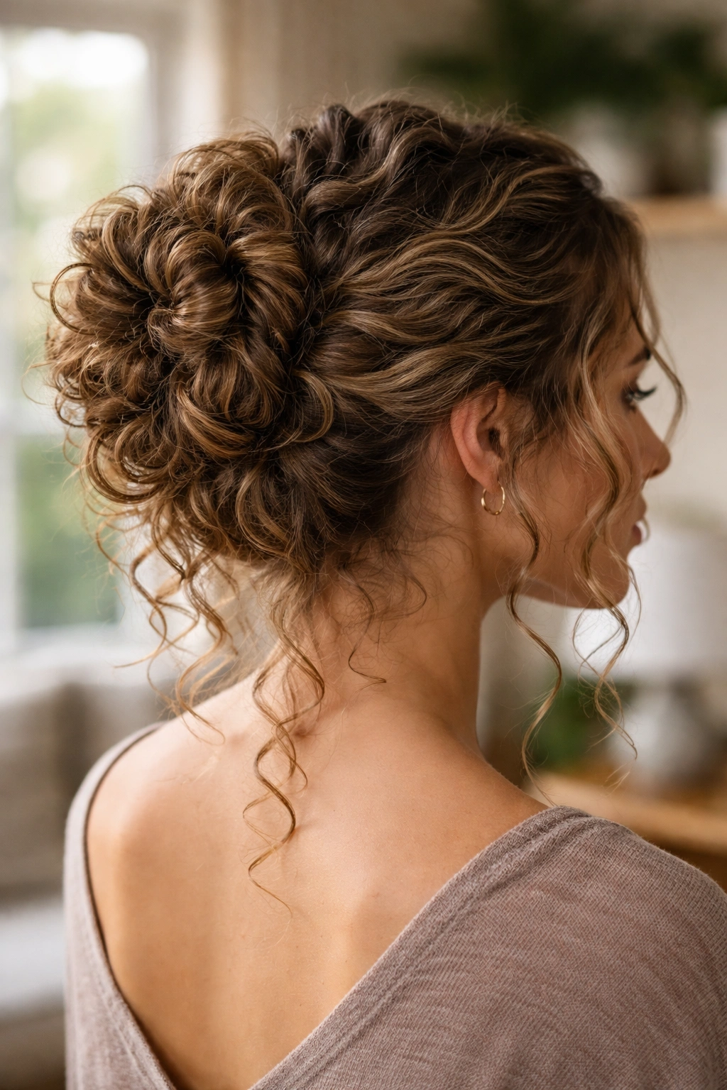 Close-up portrait of a real woman with a knotted curly bun