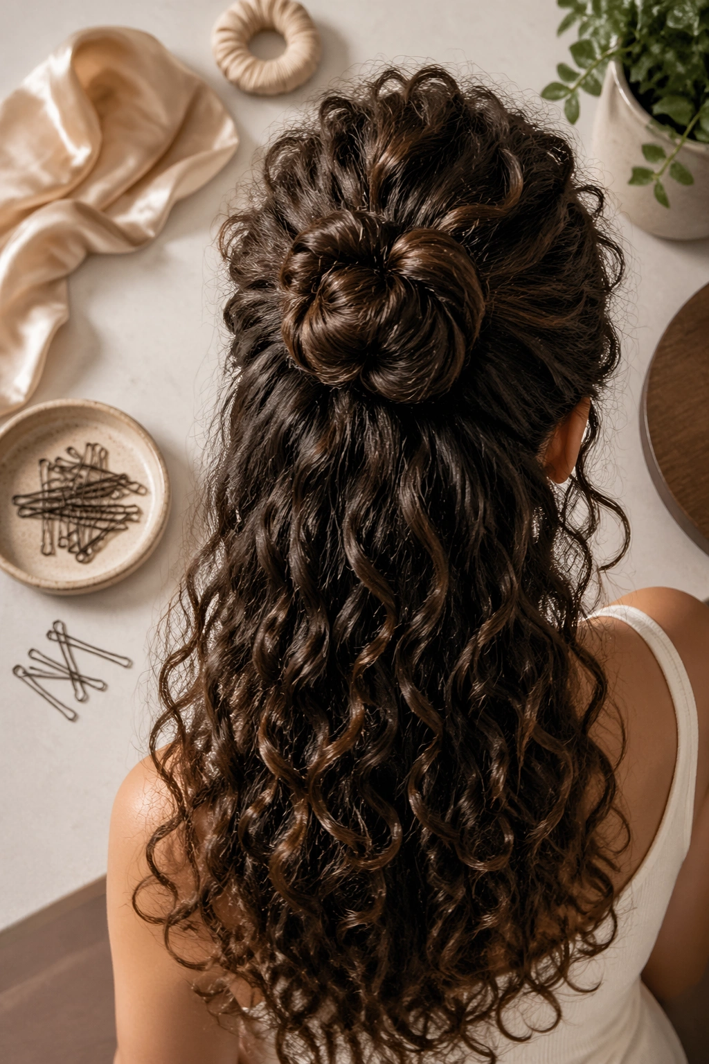 Top-down flat lay of knotted half bun accessories