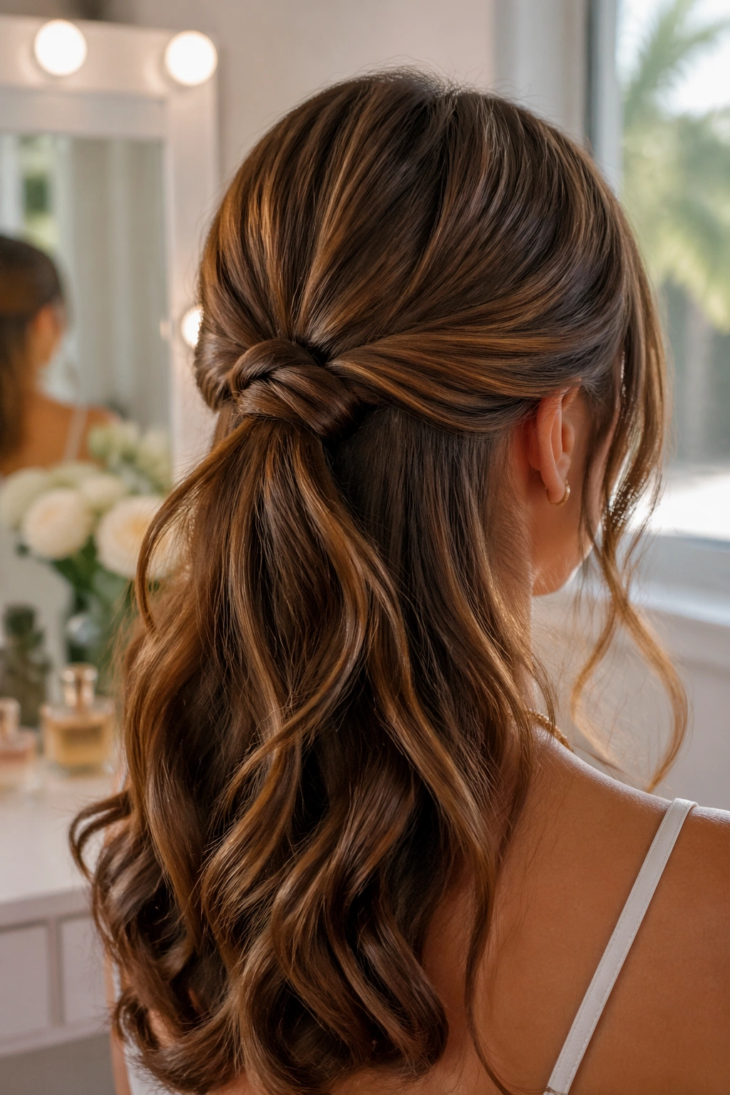 Back three-quarter view of a real person with a knotted half ponytail at the back